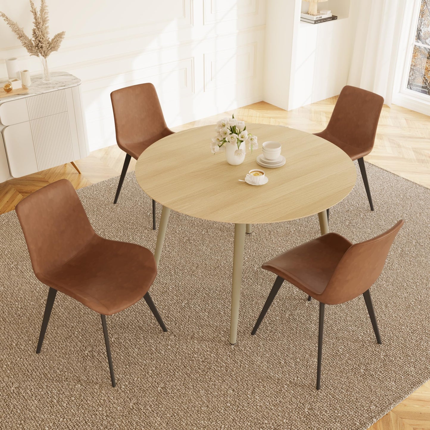 HIPIHOM 43.3 Inch Round Dining Table Set for 4, Modern Small Kitchen Coffee Set for Dining Room Kitchen Apartment (Cream Table + 4 Brown Chairs)