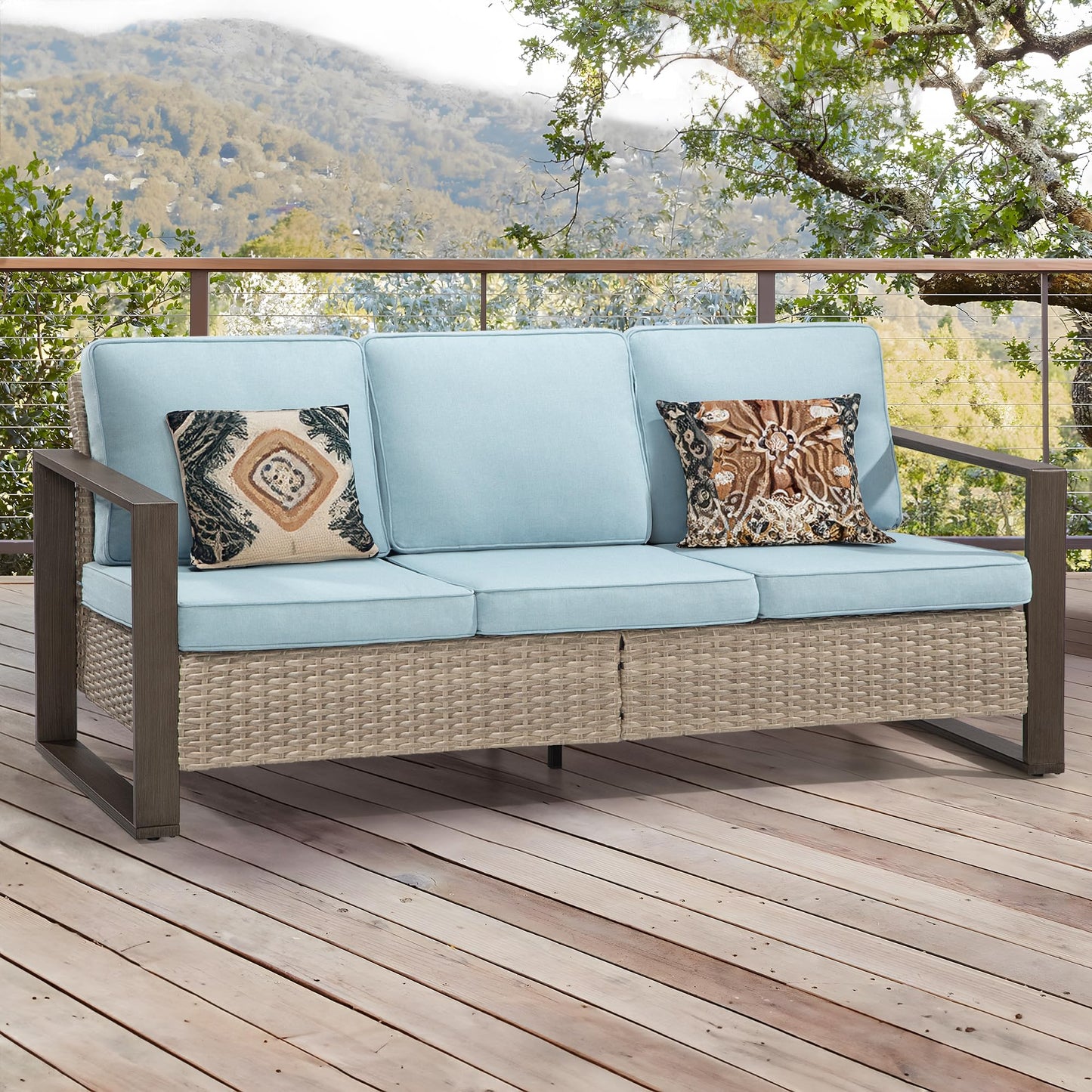 MeetLeisure 75" Patio Metal Wicker Sofa, All Weather Outdoor Rattan 3-Seat Sofa Couch with Premium Cushions & Rectangular Framed Wood-Looking Metal Armrest for Garden Backyard Porch Deck, Baby Blue