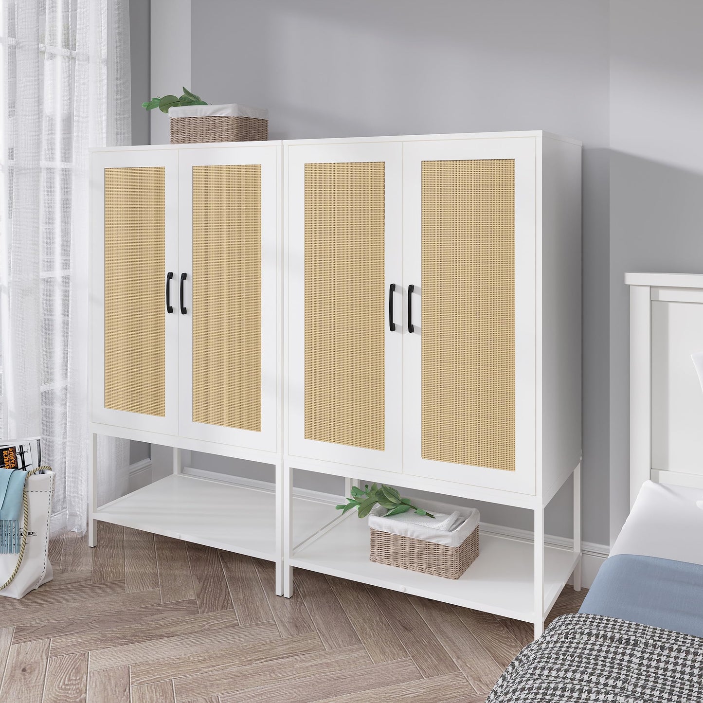 BOCVKENN Wardrobe Closet,Rattan Bedroom Armoires with 2 Doors,Wooden Wardrobe Cabinet with Shelves and Hanging Rod for Clothes,White