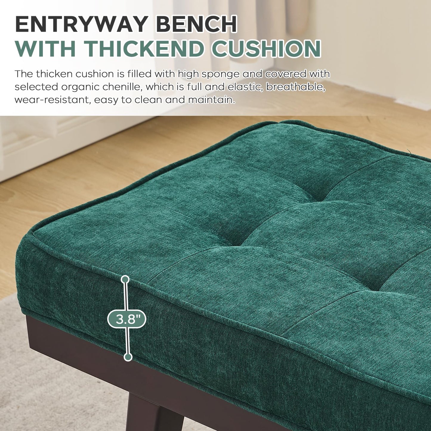 Entryway Bench, 47.2" End of Bed Bench, Chenille Benches for Bedroom Ottoman Bench with Padded Seat, Tufted Upholstered Indoor Bench with Rubber Wood Legs for Living Room, Mudroom, Hallway, Green