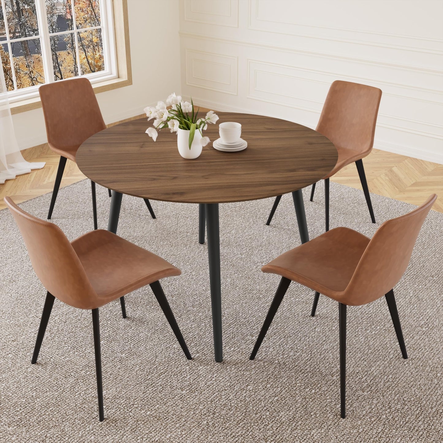 HIPIHOM 43.3 Inch Round Dining Table Set for 4, Modern Small Kitchen Coffee Set for Dining Room Kitchen Apartment (Walnut Table + 4 Brown Chairs)