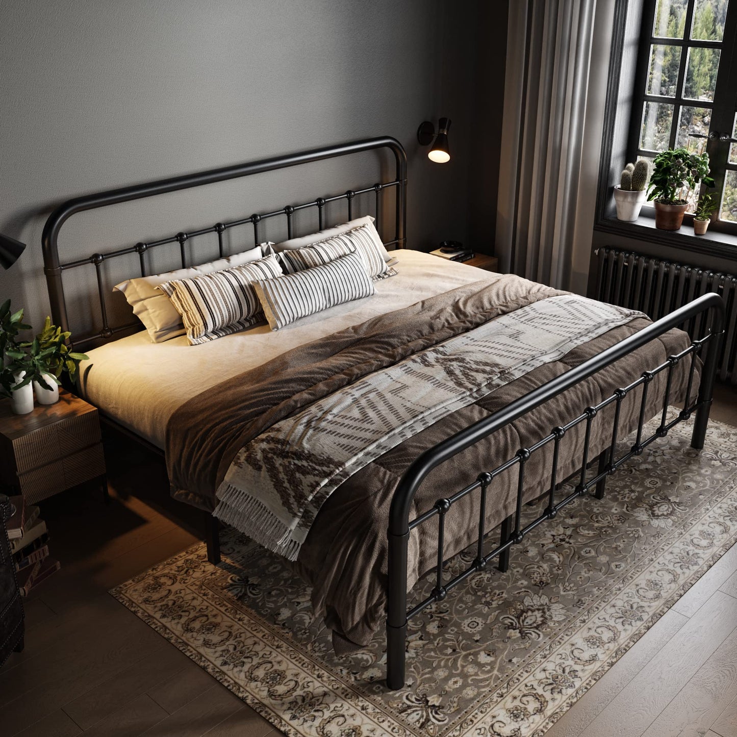 Allewie King Size Metal Platform Bed Frame with Victorian Style Wrought Iron-Art Headboard/Footboard, No Box Spring Required, Black
