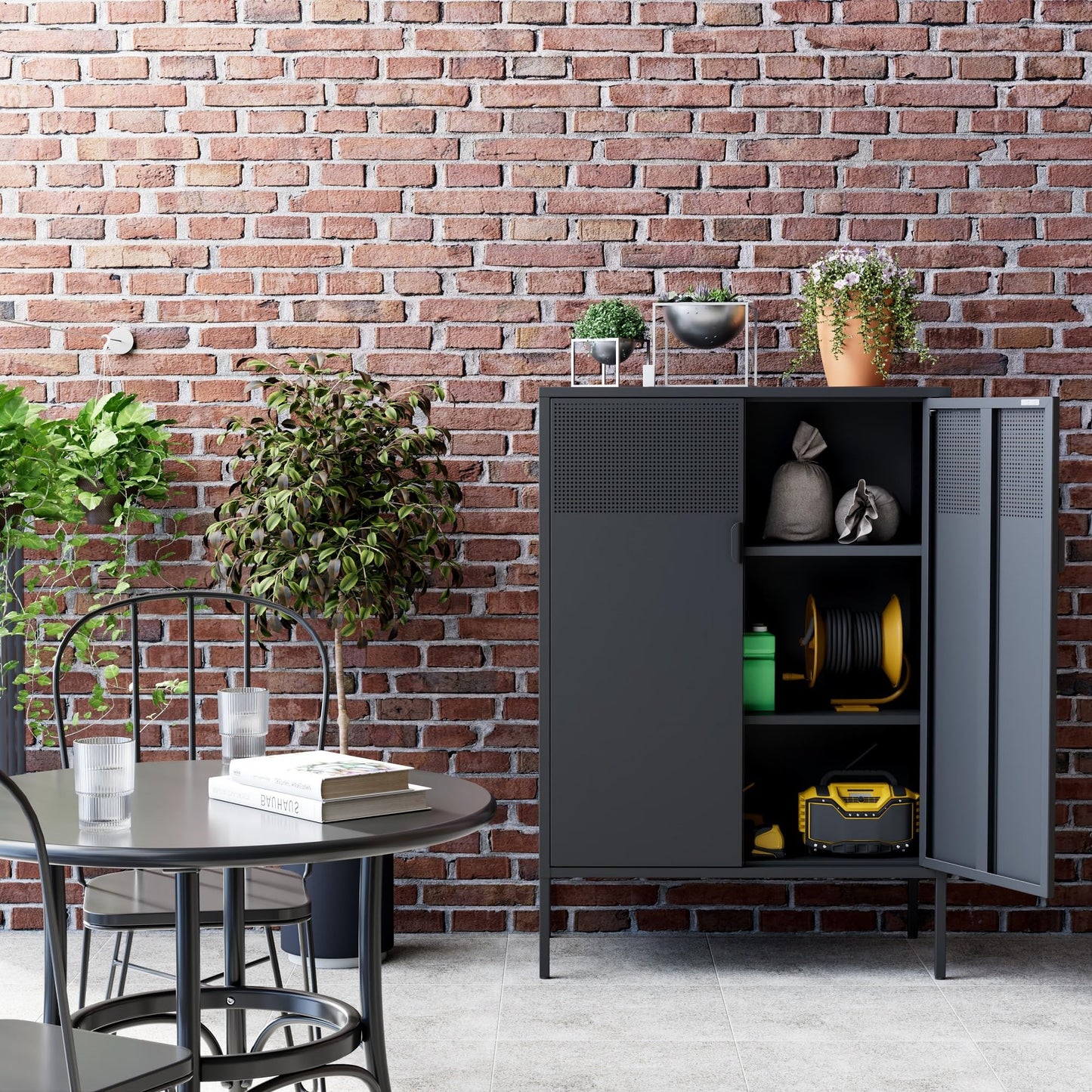 Ustamio Black Metal Storage Cabinet, Metal Locker Storage Cabinet with Doors and Shelves, 3 Tier Steel Office Storage Cabinet, Metal Sideboard for Home, Office, Kitchen and Coffee Bar