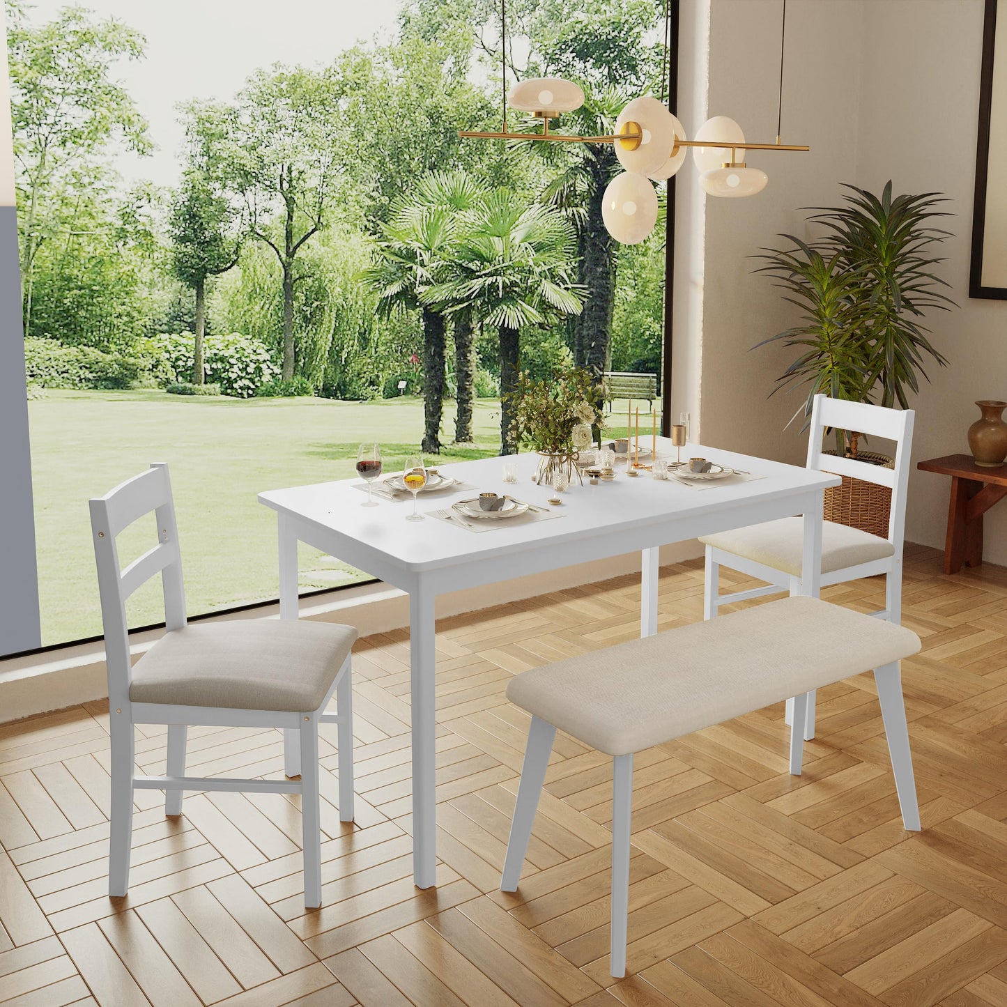 Orweiin 4-Piece Solid Wood Indoor Modern Rectangular Dining Table Set for 4 with Chairs and Bench,Table and Chairs Set with Soft Cushions for Kitchen,Bar,Living Room,Breakfast Nook,White