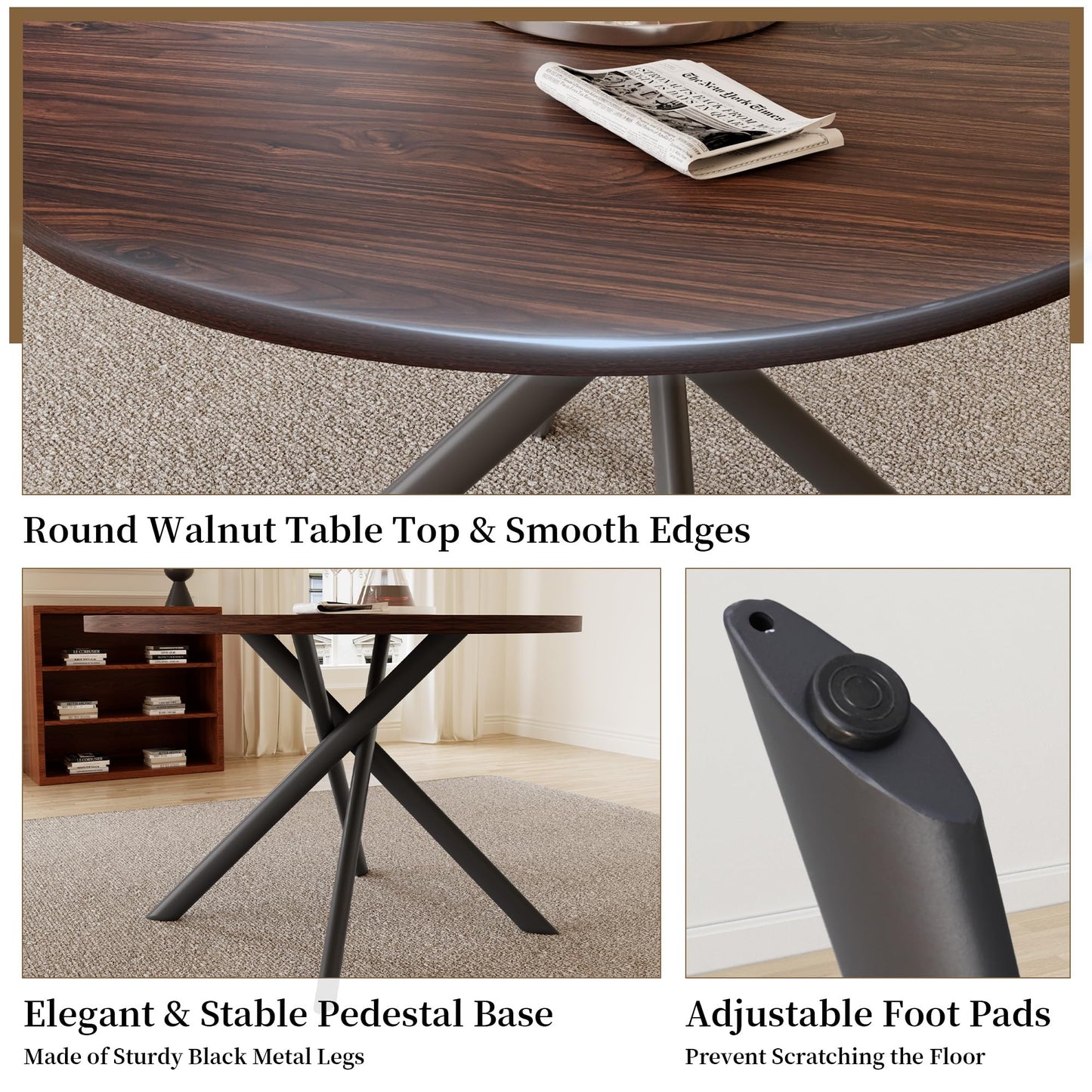 HIPIHOM 45.3'' Walnut Round Dining Table Set for 4, Mid Century Modern Small Coffee Set for Dining Room Kitchen Apartment (Walnut Table + 4 Black Chairs)