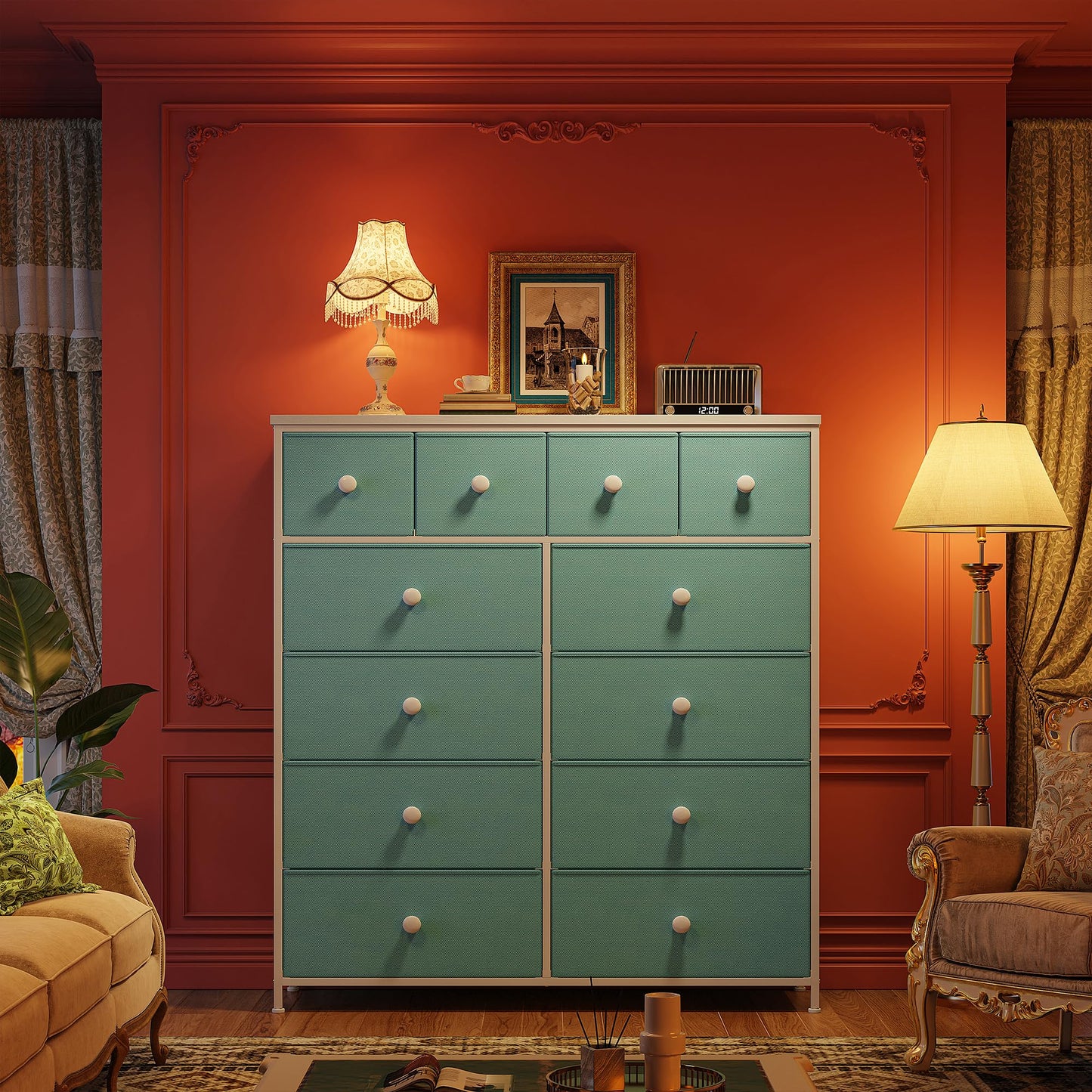 Romorgniz Tall Dressers for Bedroom with 12 Drawers, Fabric Storage Dressers & Chests of Drawers, Sturdy Metal Frame, Wood Top, Closet, Entryway, Bedroom Furniture (Turquoise)