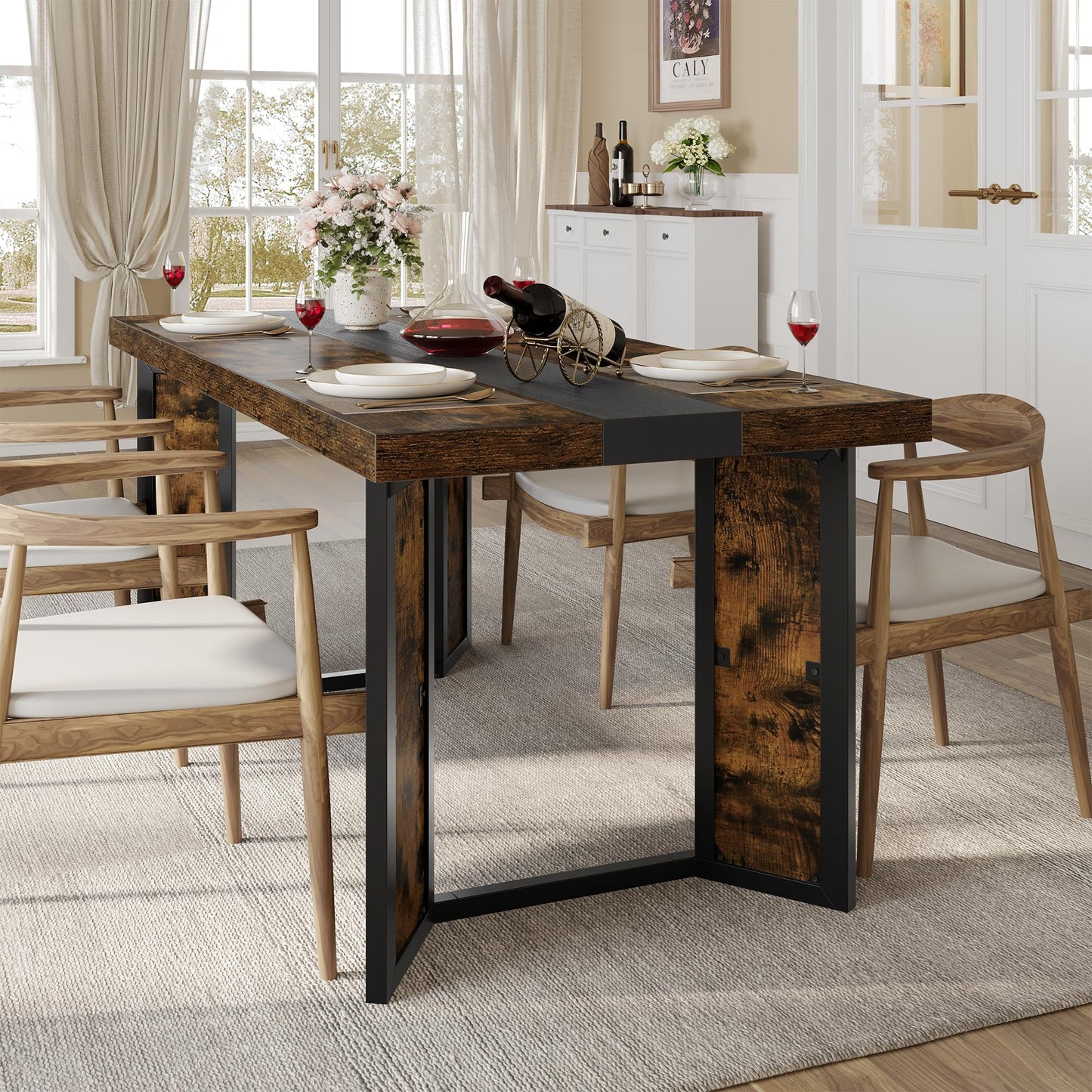Industrial Dining Table for 6-8 People, 71" Large Long Wooden Kitchen Table with Sturdy Metal Frame & Brown Finish, Rustic Style Rectangular Dinner Table for Dining Room, Kitchen (Vintage Brown)