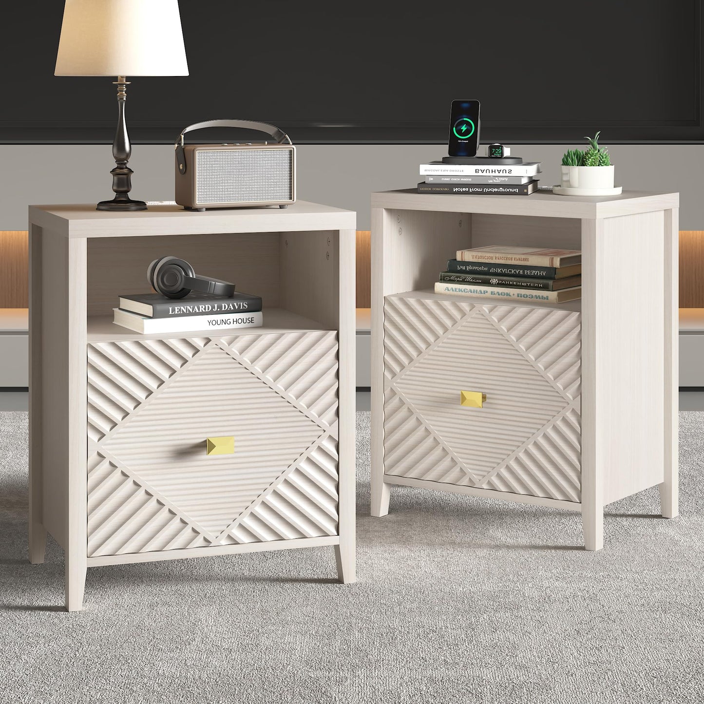 Modern Nightstand Side Table with USB Charging Port, Diamond Pattern Drawer, Black (2, Light Brown)