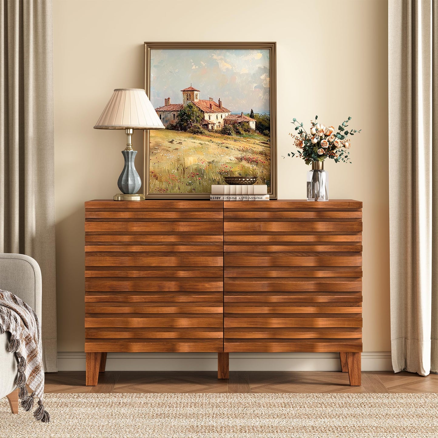 Lamohome Mid Century Modern 6-Drawer Dresser – Solid Wood Fronts, 47" Chest of Drawers with Fluted Design for Bedroom & Living Room, Natural Wood Finish