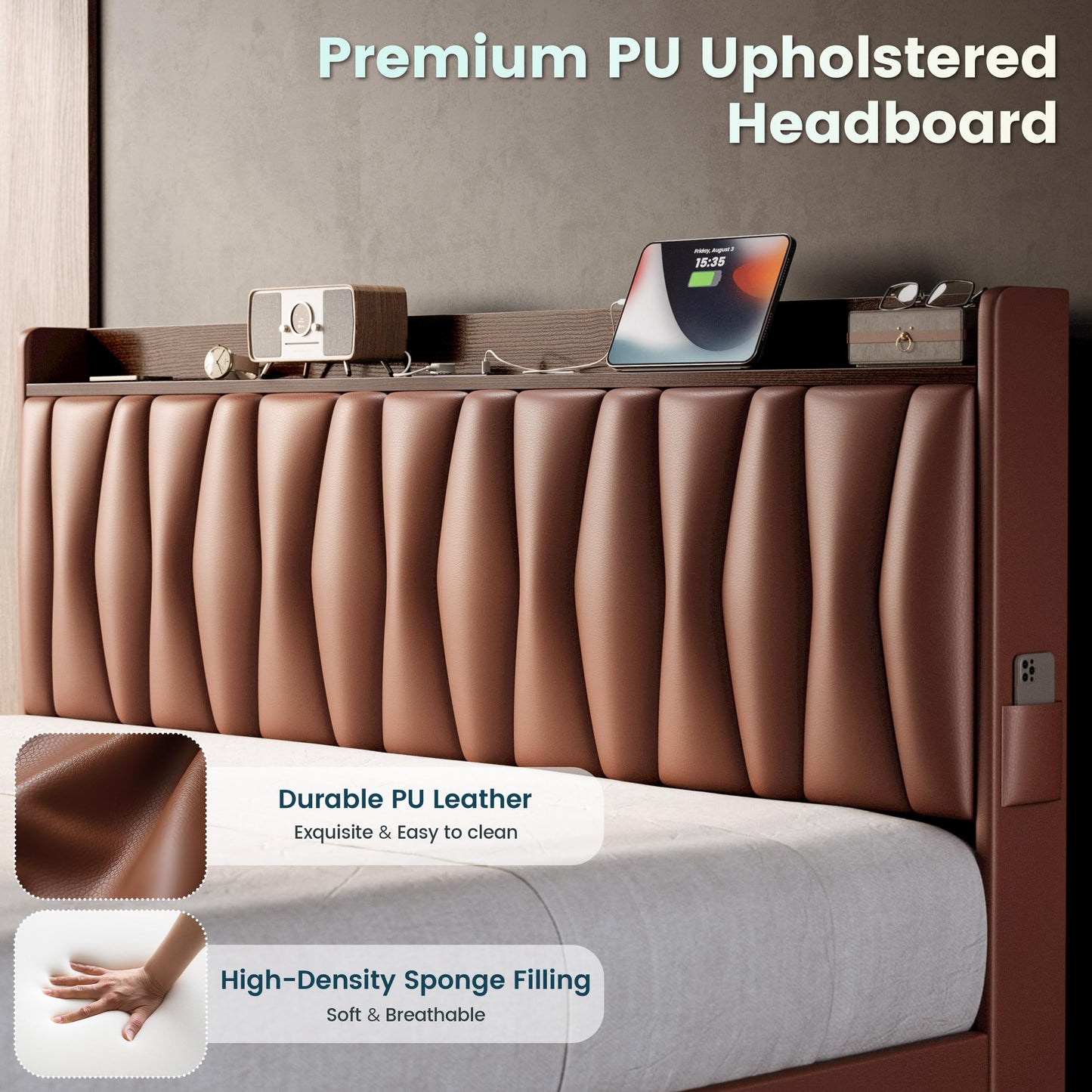 ANCTOR King Bed Frame with 3 Drawers, Storage Headbord with Charging Station, Platform Storage Bed Frame for Bedroom, Living Room, No Box Spring, Faux Leather, Brown