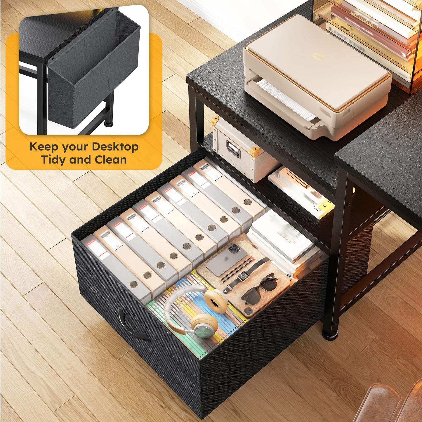 Gaming Desk with Power Outlets and LED Lights,57" Computer Desk with Drawers and Printer Space,Office Desk with File Drawers Cabinet,Gaming Table with Shelves Monitor Stand,Living Room,Bedroom,Black