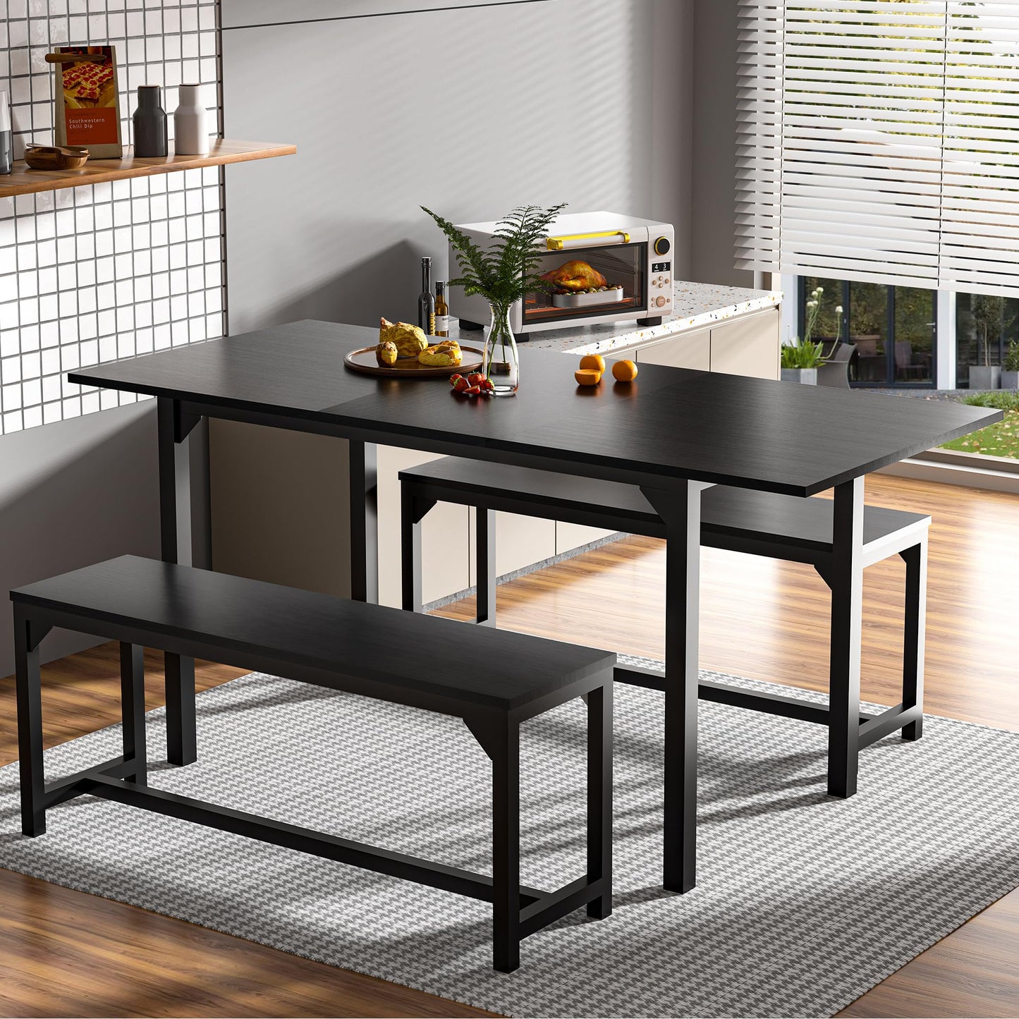 TOLEAD 63 Inch Dining Table Set for 4-8, 3-Piece Extendable Kitchen Table Set with 2 Benches, Metal Frame & Wood Board, Space-Saving Breakfast Dining Room Table Set for Home Kitchen, Black