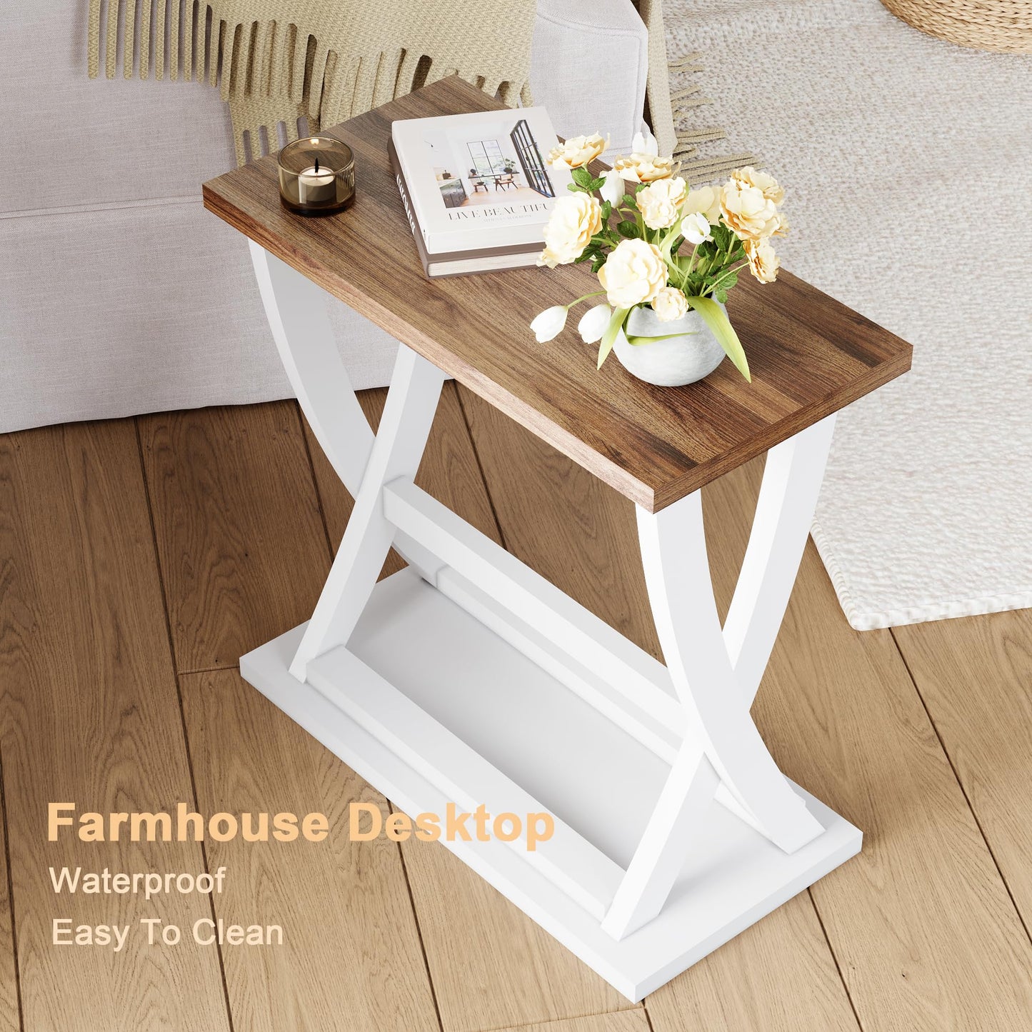 ChooChoo Farmhouse End Tables Living Room Set of 2, Narrow Side Table with Storage Shelf, Modern X-Design Slim End Table for Living Room, 11.8" D*23.6" W*23.4" D