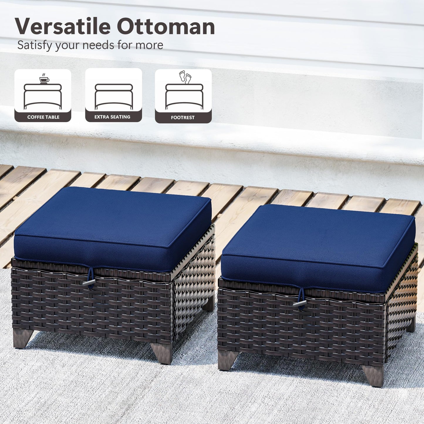 MaxMulti Patio Ottomans Set of 2, Outdoor Wicker Footrest with Thickened Cushions, Outdoor Rattan Ottoman for Porch, Backyard and Deck (Blue)