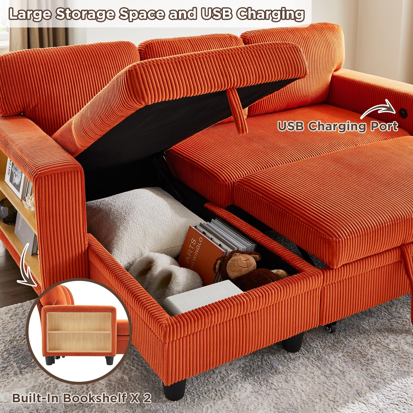 RedLemon 80'' Sleeper Sofa Bed,L-Shaped Sectional Corduroy Couch with Storage Chaise,2 Built-in Bookshelves and USB Charging Port - Comfy Sofa for Living Room, Apartment, Caramel