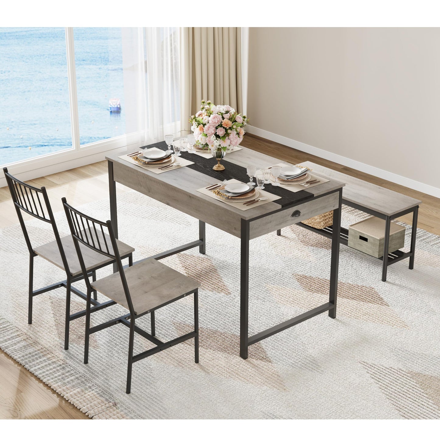 GarveeHome Dining Table Set for 4, Small Kitchen Table and 2 Chairs for 4 with Bench, Space Saving Kitchen Table Set with Storage Rack & Drawers, Breakfast Nook Rectangular Farmhouse Table Set, Grey