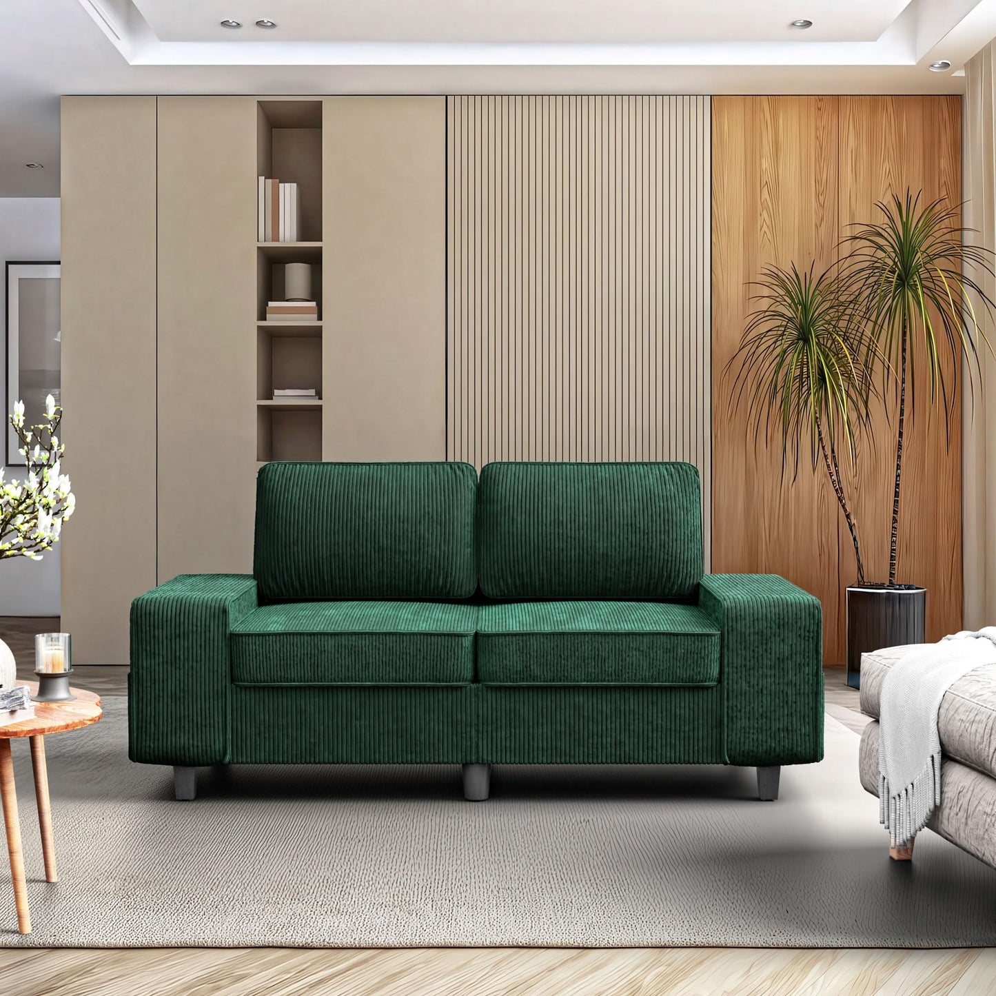 MeetLeisure 71" Corduroy Loveseat Couch, 2 Seater Retro Sofa with 4 Side Pockets, Removable and Washable Cushions, Mid Century Modern, Living Room, Apartment, Office (Green)