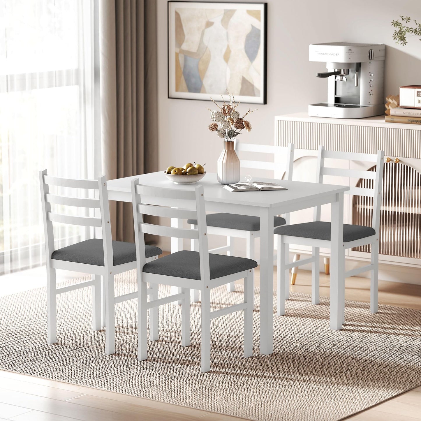 HOMCOM 5-Piece Dining Table Set for 4, Farmhouse Kitchen Table Set with 4 Upholstered Padded Chairs, Solid Wood Legs and Backrest for Small Space, Dining Room, Breakfast Nook, White