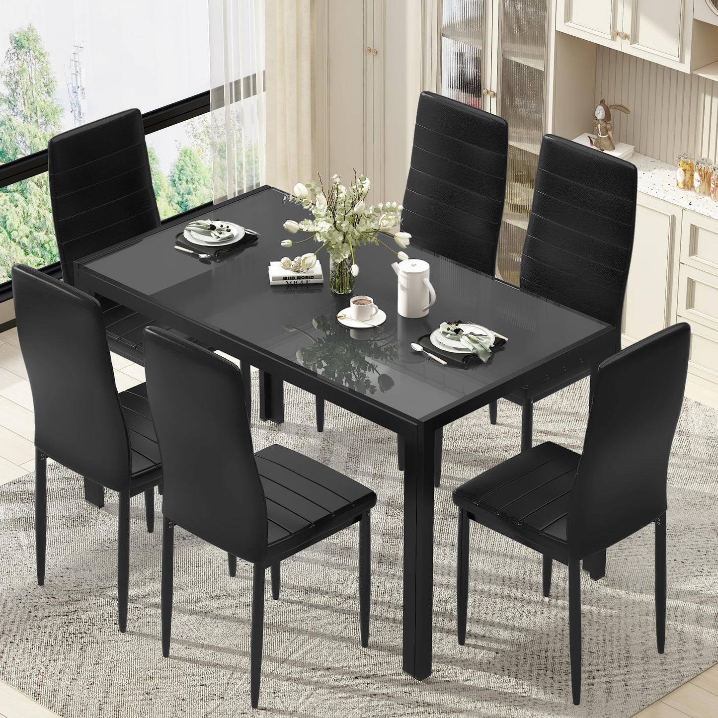 DKLGG 7-Piece Dining Table Set for 6, Tempered Glass Kitchen Table with PU Leather Chairs, Modern Dining Room Table Set for Small Space, Dinette, Apartment, Black