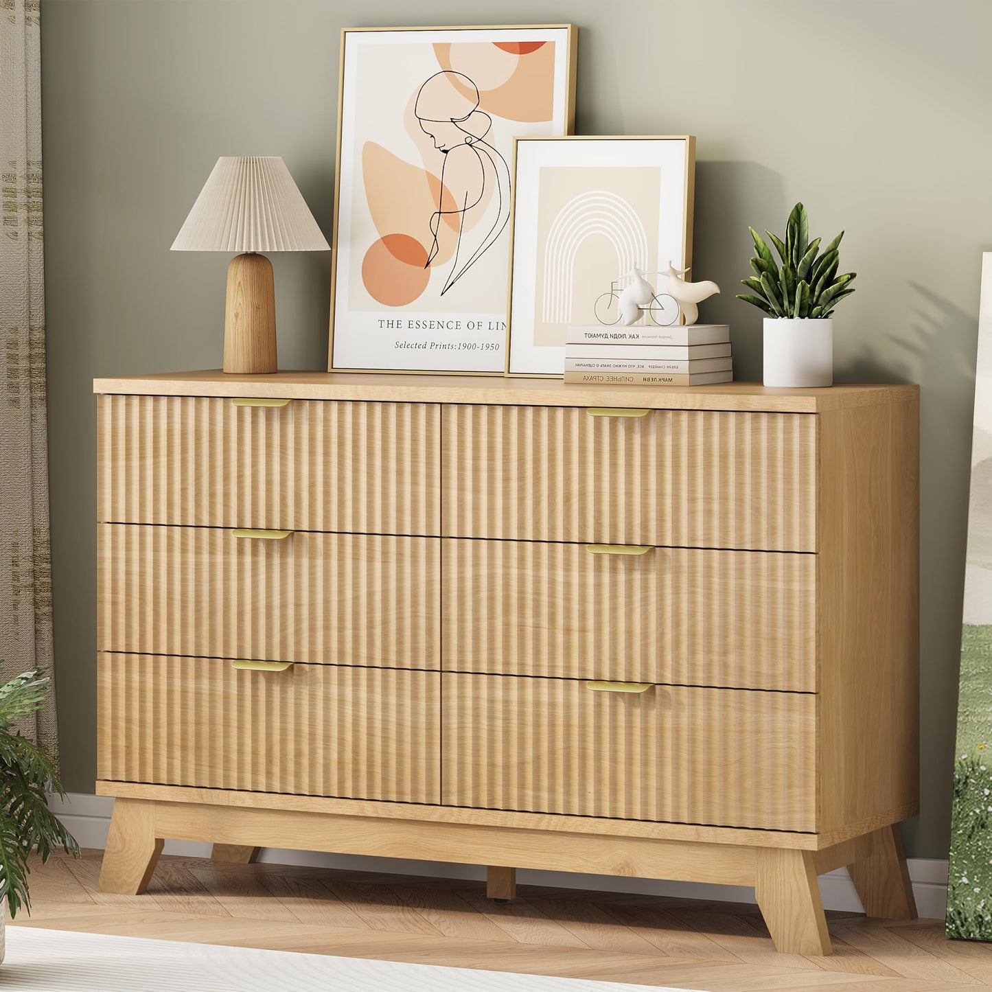 Fluted Dresser for Bedroom with 6 Drawers, 48" Wide Modern Chest of Drawers with Metal Handle, Wooden Dresser TV Stand, Wood Closet Clothes Storage Organizer for Living Room, Hallway, Natural Oak