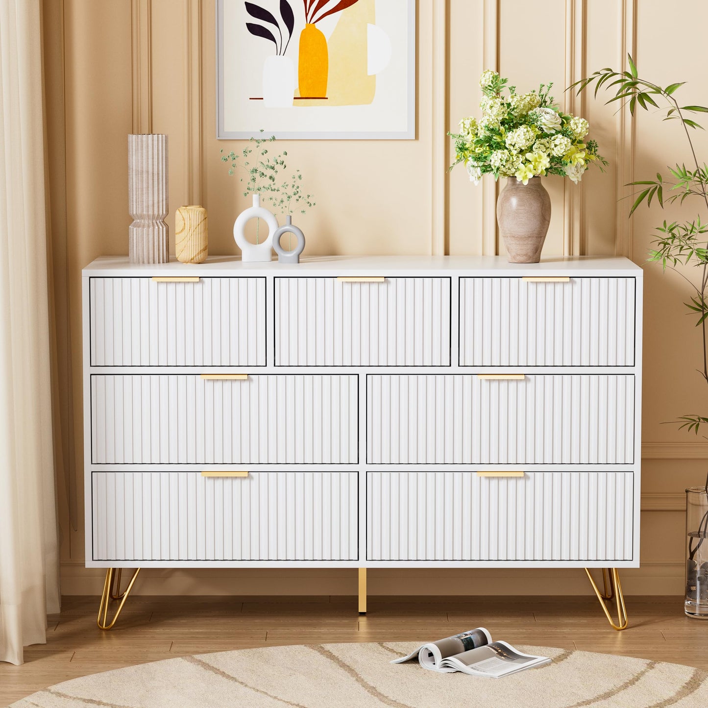 Furniway Dresser for Bedroom, Fluted Modern Dresser with Gold Pulls and 7 Drawers, 15.7" D x 47.2" W x 31.4" H, White