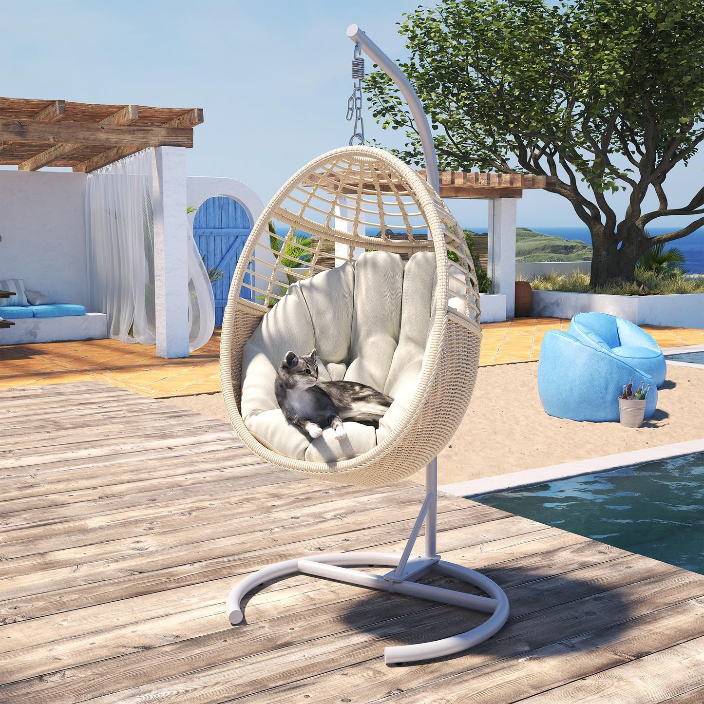 Erotr Egg Swing Chair with Stand: Hand Woven PE Rattan Hanging Chairs Hammock - Indoor Outdoor Swinging Lounger with Soft Cushion for 330lbs Patio Balcony Garden Living Room Bedroom Porch, Beige