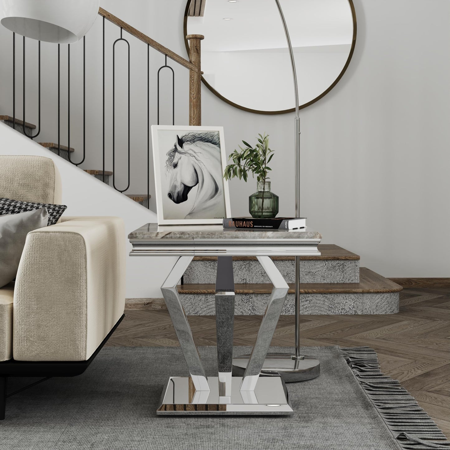 ACEDÉCOR 22" Square End Table, Silver Side Table with Graceful Grey Striped Top and Mirrored Diamond Shaped Base, Heavy Duty Corner Table for Living Room, Sofa, Couch