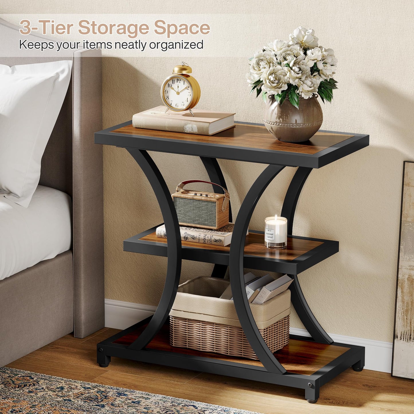 Tribesigns End Table with Storage, 3-Tier Side Table with Geometric Metal Design, Industrial Nightstand for Small Spaces, Living Room, Bedroom, Study Room (Rustic Brown)