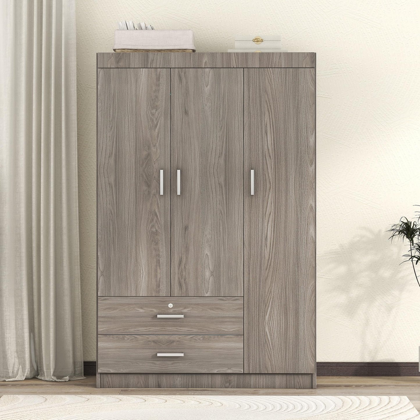 Merax 3 Door Wardrobe Cabinet Closet with Storage Drawers, Shelves and Hanging Rail for Clothes, Bedroom Organizer Funiture