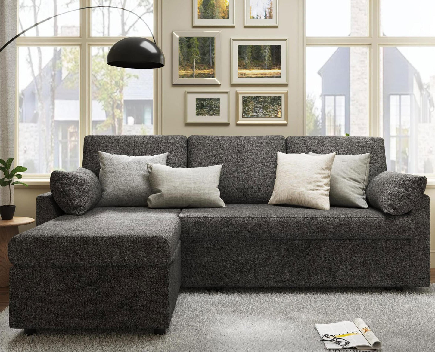 VanAcc Sleeper Sofa, Sofa Bed- 2 in 1 Pull Out Couch Bed with Storage Chaise, Sleeper Couch for Living Room, Grey Linen