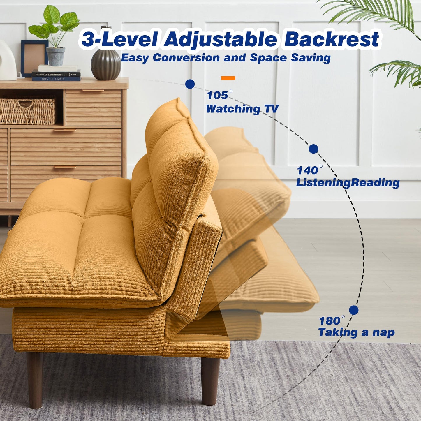 Chireca 72" Futon Sofa Bed, Convertible Futon Couch with Adjustable Backrest, Modern Corduroy Loveseat Sleeper Sofa for Small Spaces, Living Room, Office, Yellow