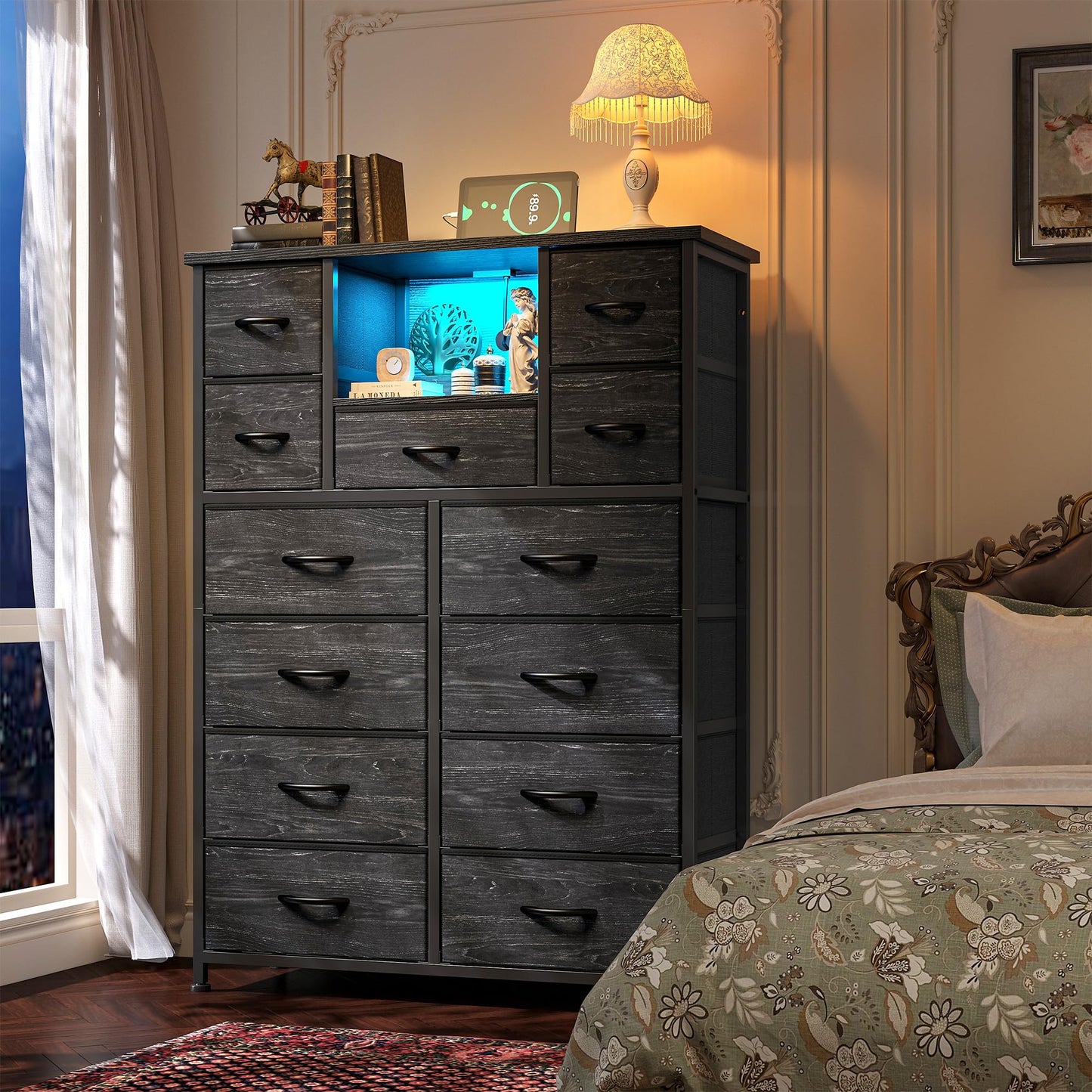 Romorgniz 13 Drawer Dresser for Bedrom,Tall Black Chest of Drawers for Bedroom with Led Light and 4 Charging Ports,Hallway, Closet, Entryway,11.8" D x 35.4" W x 47.3" H