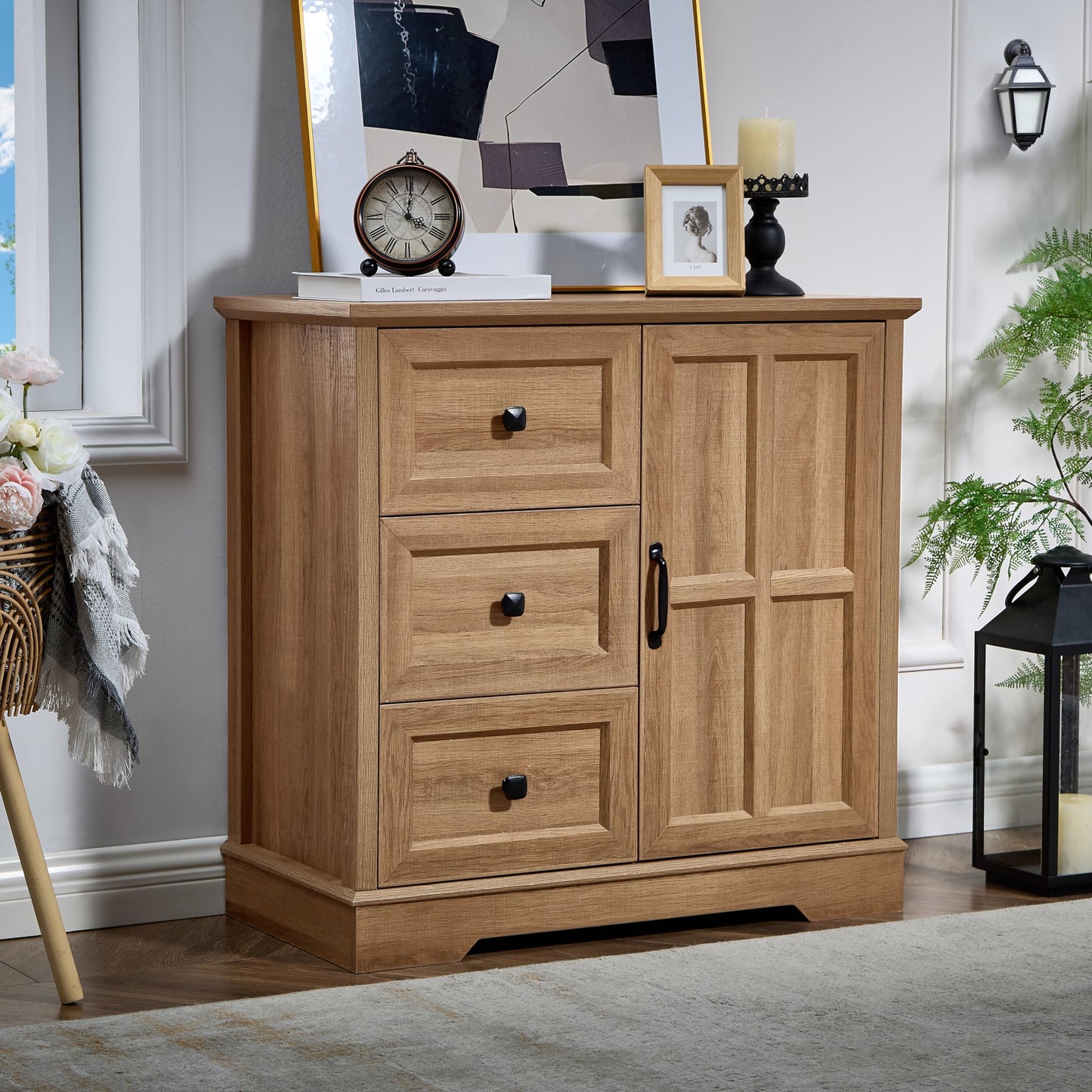 HDDDZSW 3+1 Dresser for Bedroom, Log Dressers Storage with Wooden Drawers and Cross Door, TV Stand Chest of Drawers for Bedroom, Living Room