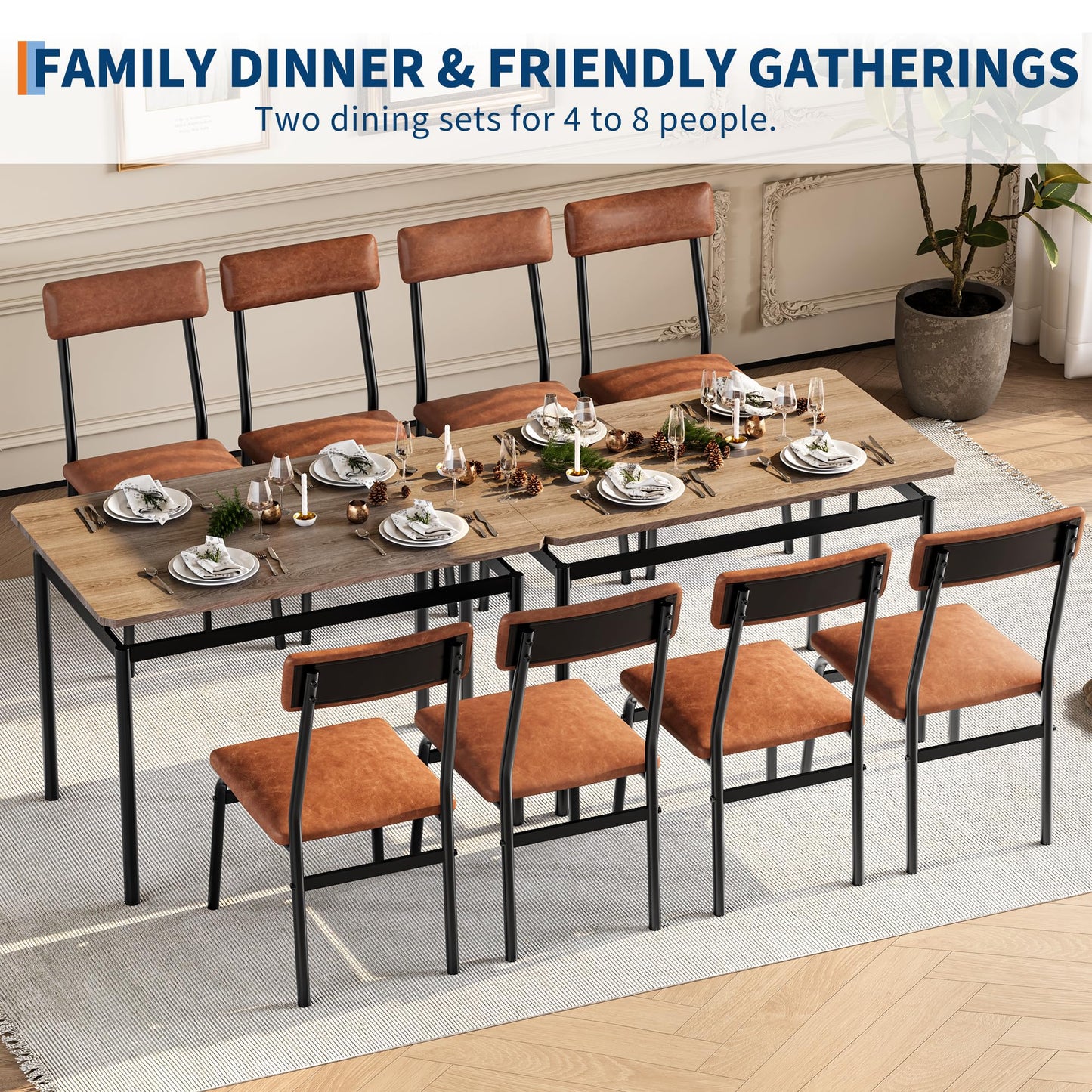 GarveeHome 5 Piece Dining Table Set, Wooden Kitchen Table Set with 4 PU Upholstered Chair, Industrial Metal Frame Dinette Set for Dining Room, Home Dinner, Party, Apartment, Brown