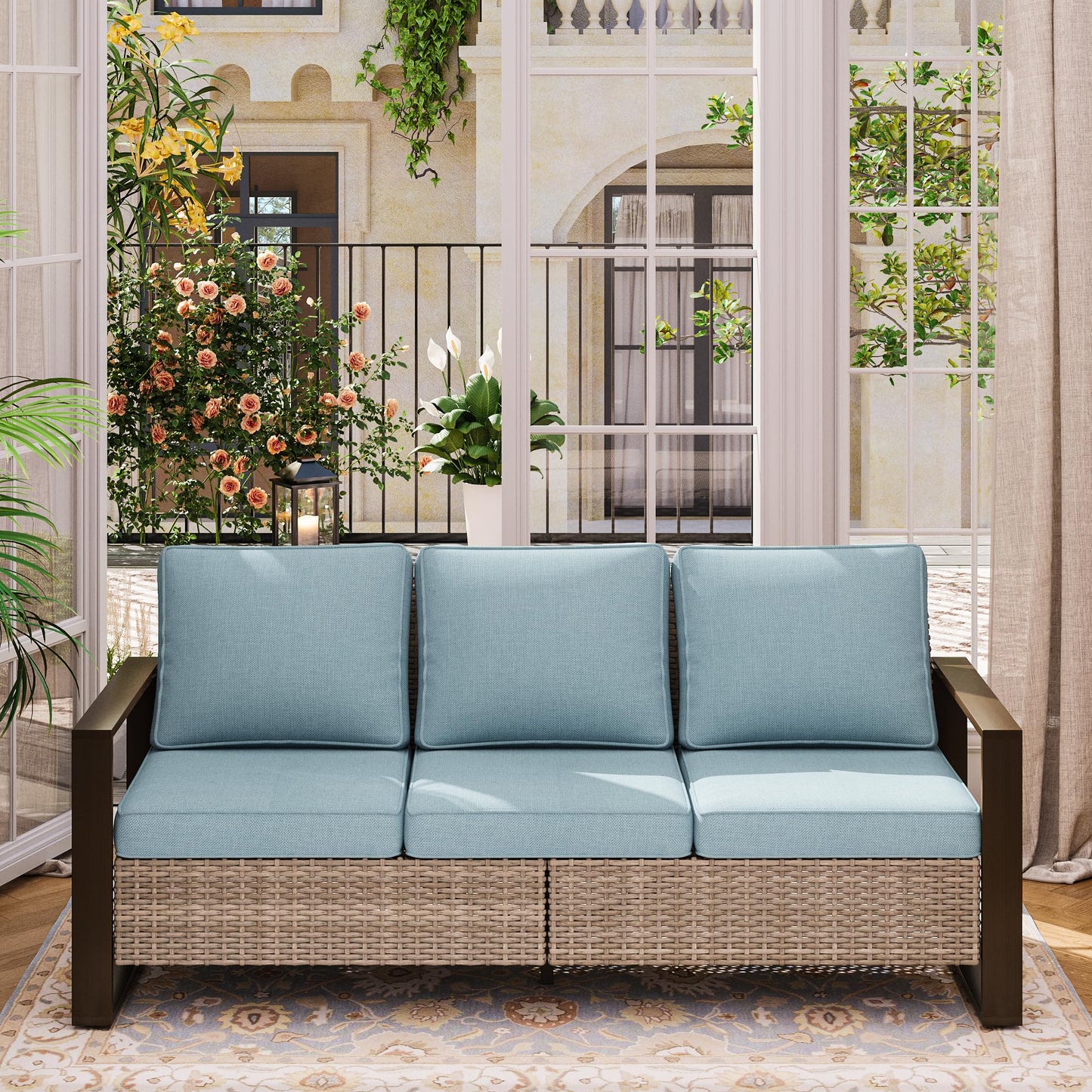 MeetLeisure 75" Patio Metal Wicker Sofa, All Weather Outdoor Rattan 3-Seat Sofa Couch with Premium Cushions & Rectangular Framed Wood-Looking Metal Armrest for Garden Backyard Porch Deck, Baby Blue