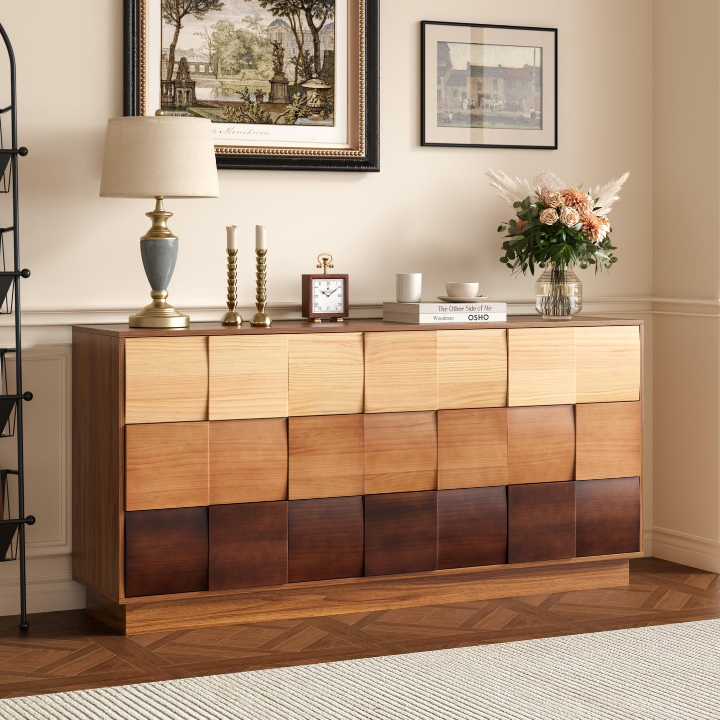 Lamohome 9 Drawer Dresser with Solid Wood Drawer Fronts, 65" Chest of Drawers Modern Wood Dresser with Artistic Gradient Finish for Bedroom & Living Room