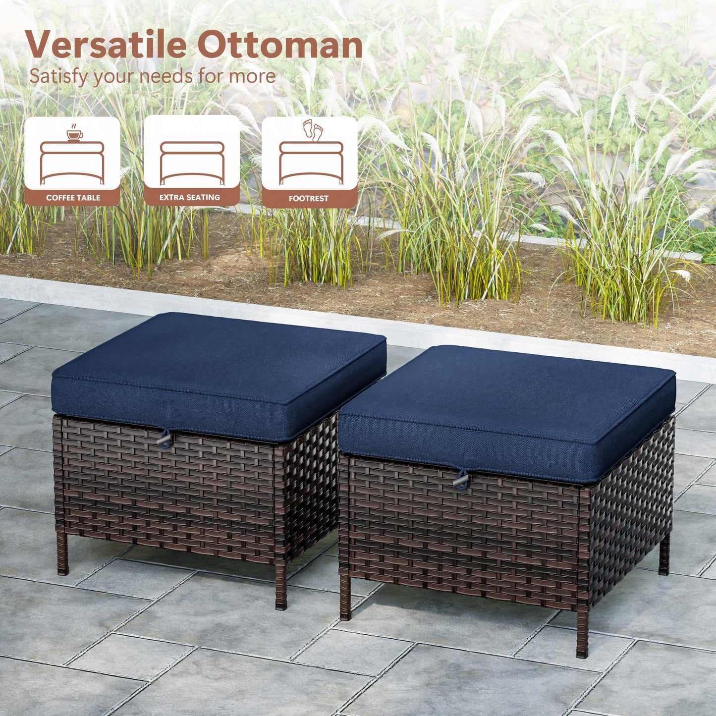MaxMulti Patio Ottomans Set of 2, All-Weather Outdoor Wicker Ottoman with Thick Removable Cushion, 2 Piece Patio Footrest PE Rattan Ottomans for Garden, Porch, Poolside (Blue)