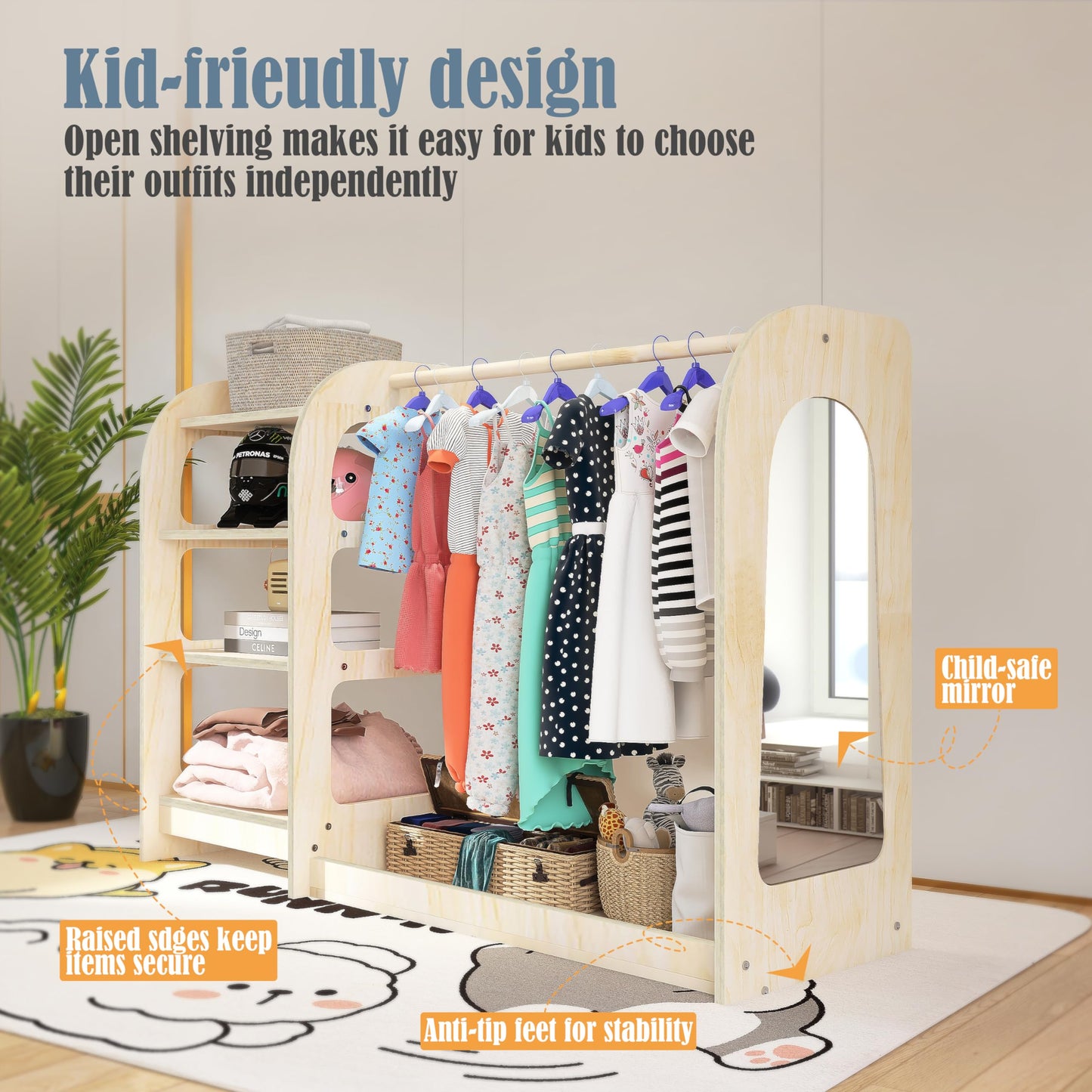 Qifeila Kids Dress Up Storage with Mirror, Wooden Kids Dress Up Rack for Little Girls and Boys, Kid Wardrobe Closet with Storage Shelf