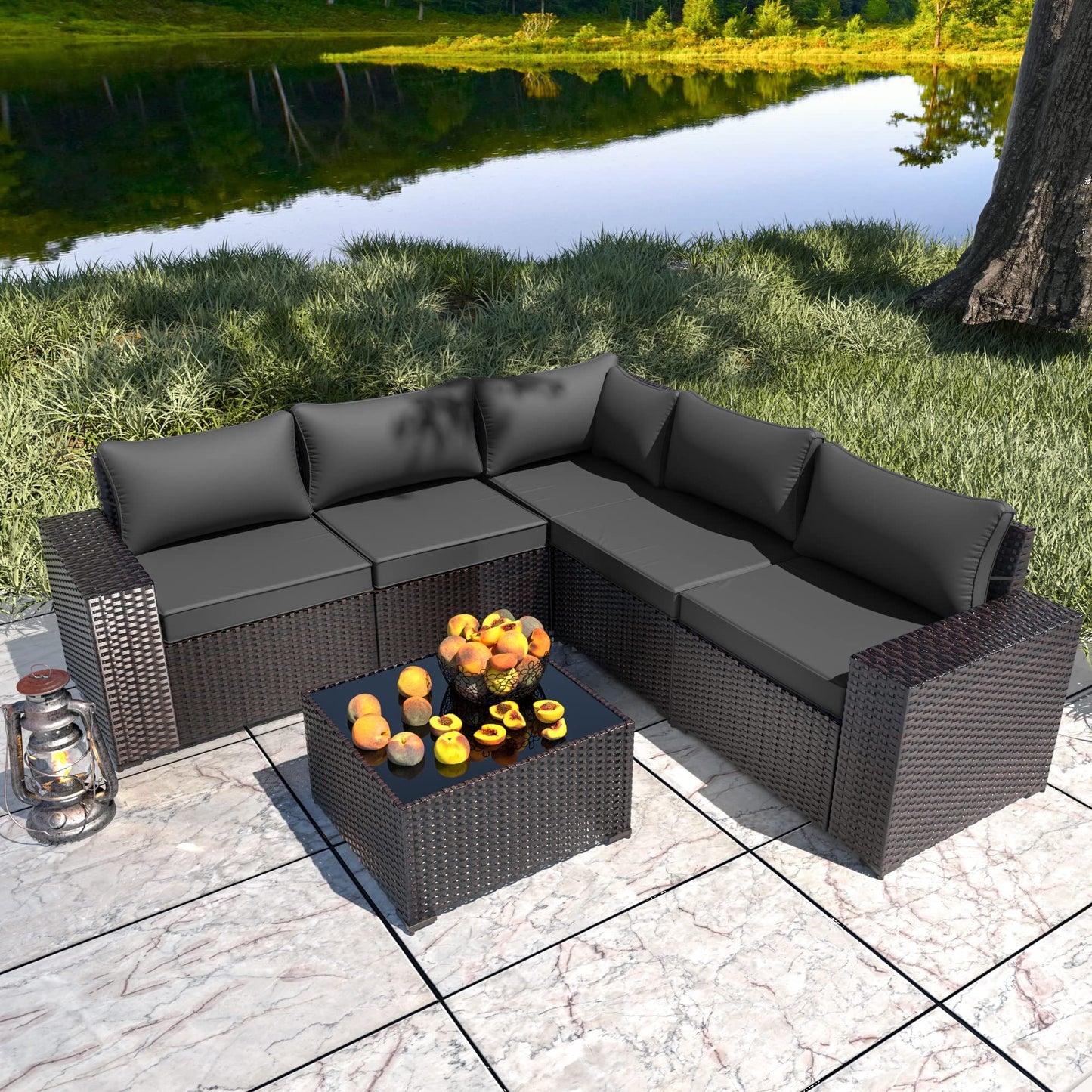 RTDTD Outdoor Patio Furniture Set, 6 Pieces Outdoor Furniture All Weather Patio Sectional Sofa PE Wicker Modular Conversation Sets with Coffee Table,5 Chairs & Seat Clips (Grey)