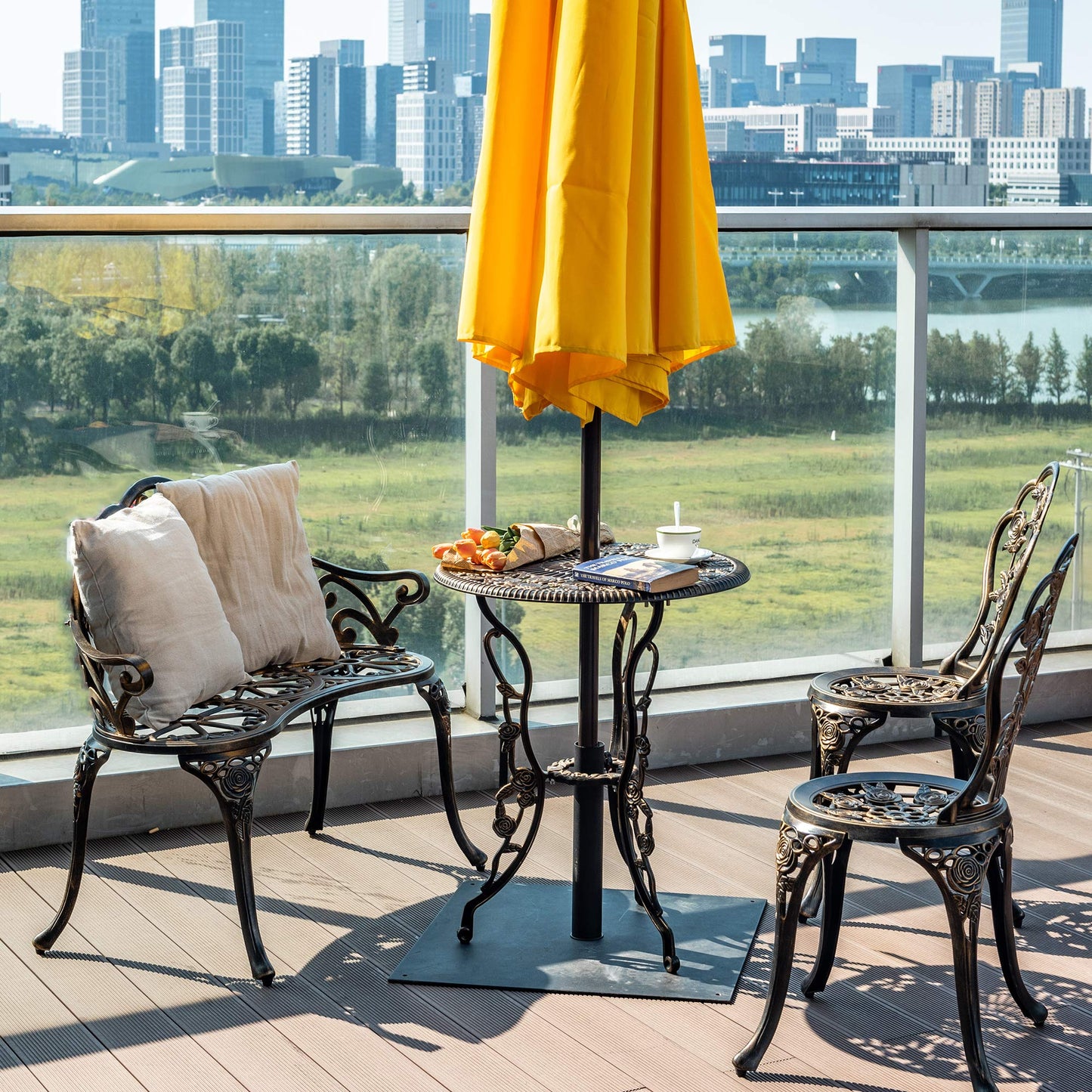 Aura Outdoor 3 Piece Patio Bistro Table Set, Outdoor Stylish Rose Flower Bistro Set with Umbrella Hole, Small Cast Aluminum Table and Chairs Set for Balcony Furniture, Dark Bronze