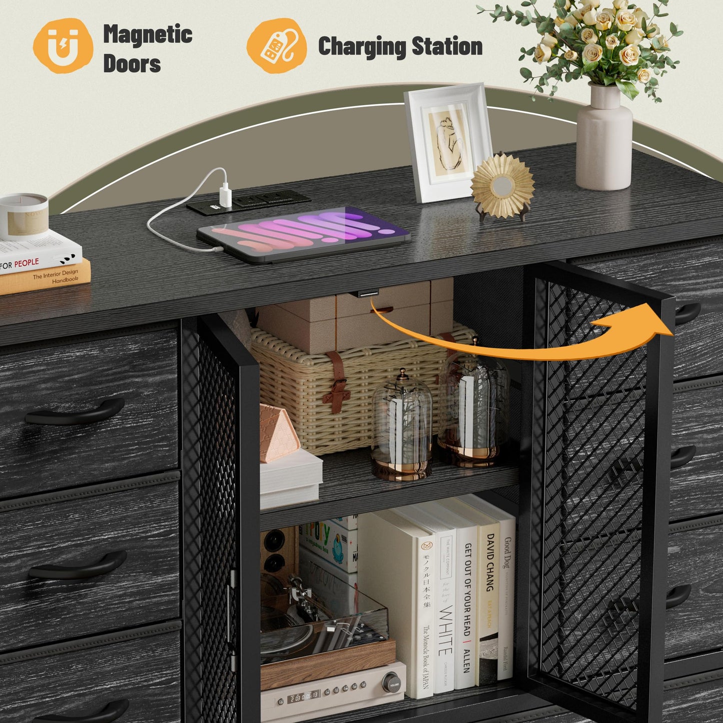 EnHomee Tall Dresser for Bedroom with Charging Station & LED & Mesh Door, 12 Fabric Drawer Dressers & Chests of Drawers, Wooden Top, Metal Frame, Black, 11.8" D x 37.8" W x 50.6" H