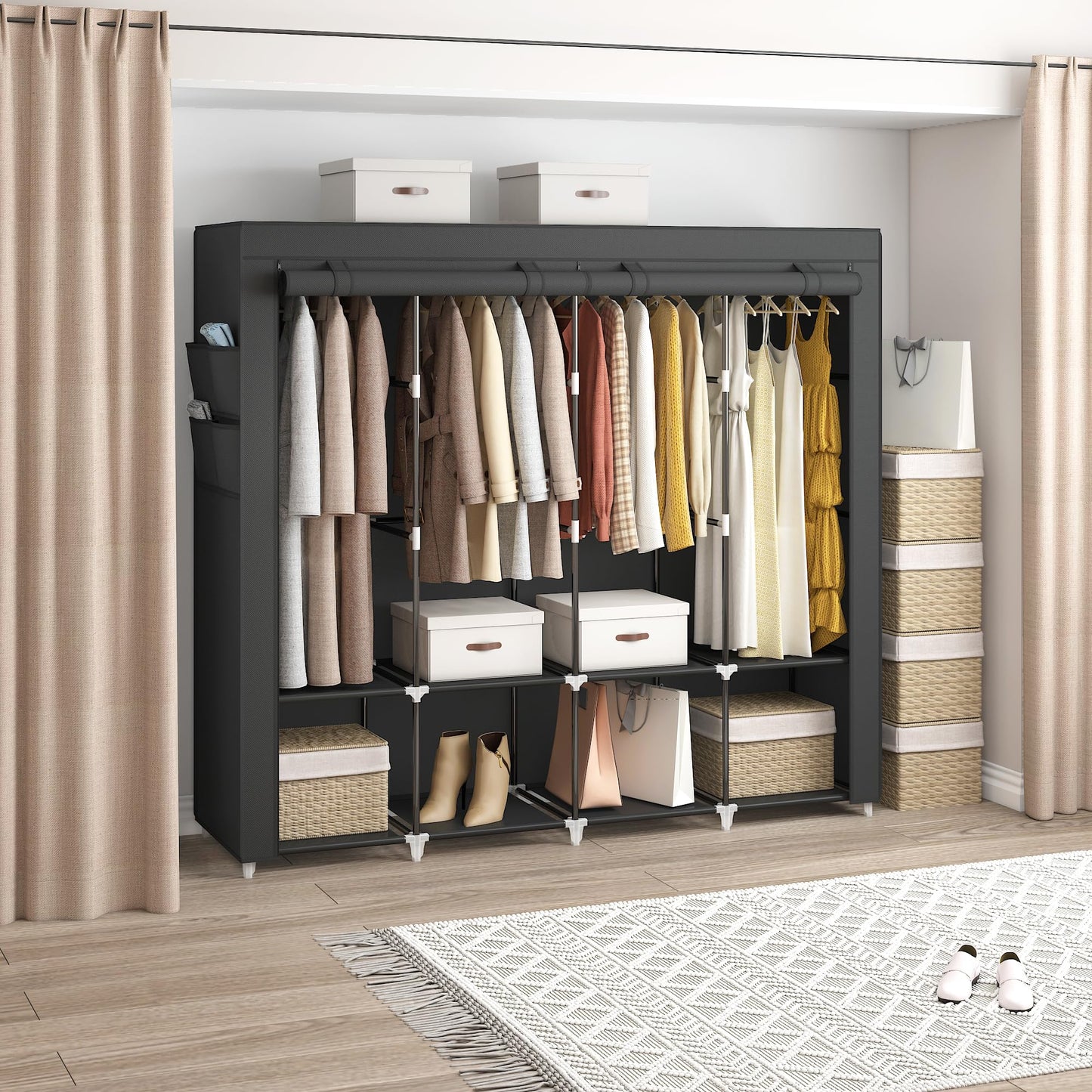 MOGELAFOO 67 Inch Portable Closet Wardrobe for Hanging Clothes, Wardrobe Closet with Cover, 4 Hanging Rods and Side Pockets, 8 Storage Shelves, Large Clothes Organizer for Bedroom, Living Room, Black