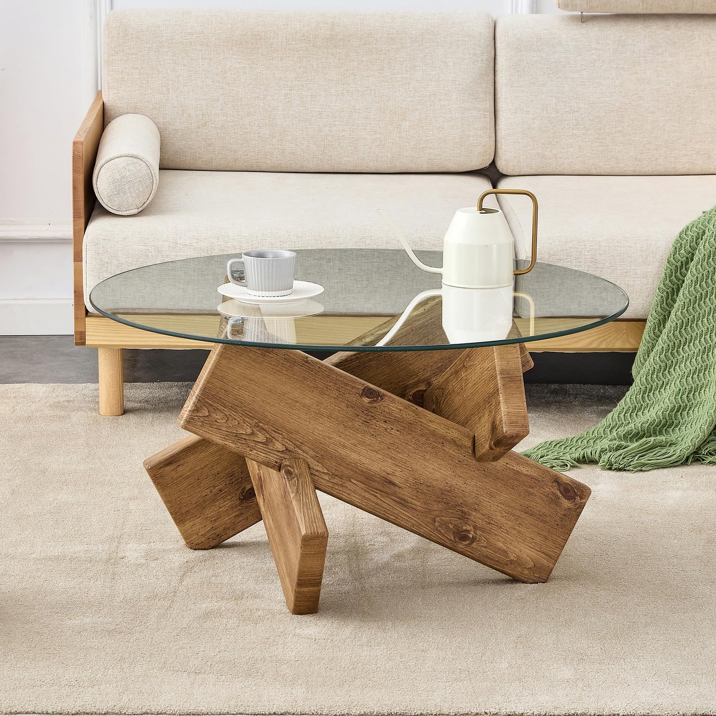 Natural Round Glass Coffee Table,33-Inch Small Modern for Living Room Clear Circle Accent Table Adapts to Farmhouse and Contemporary Decor