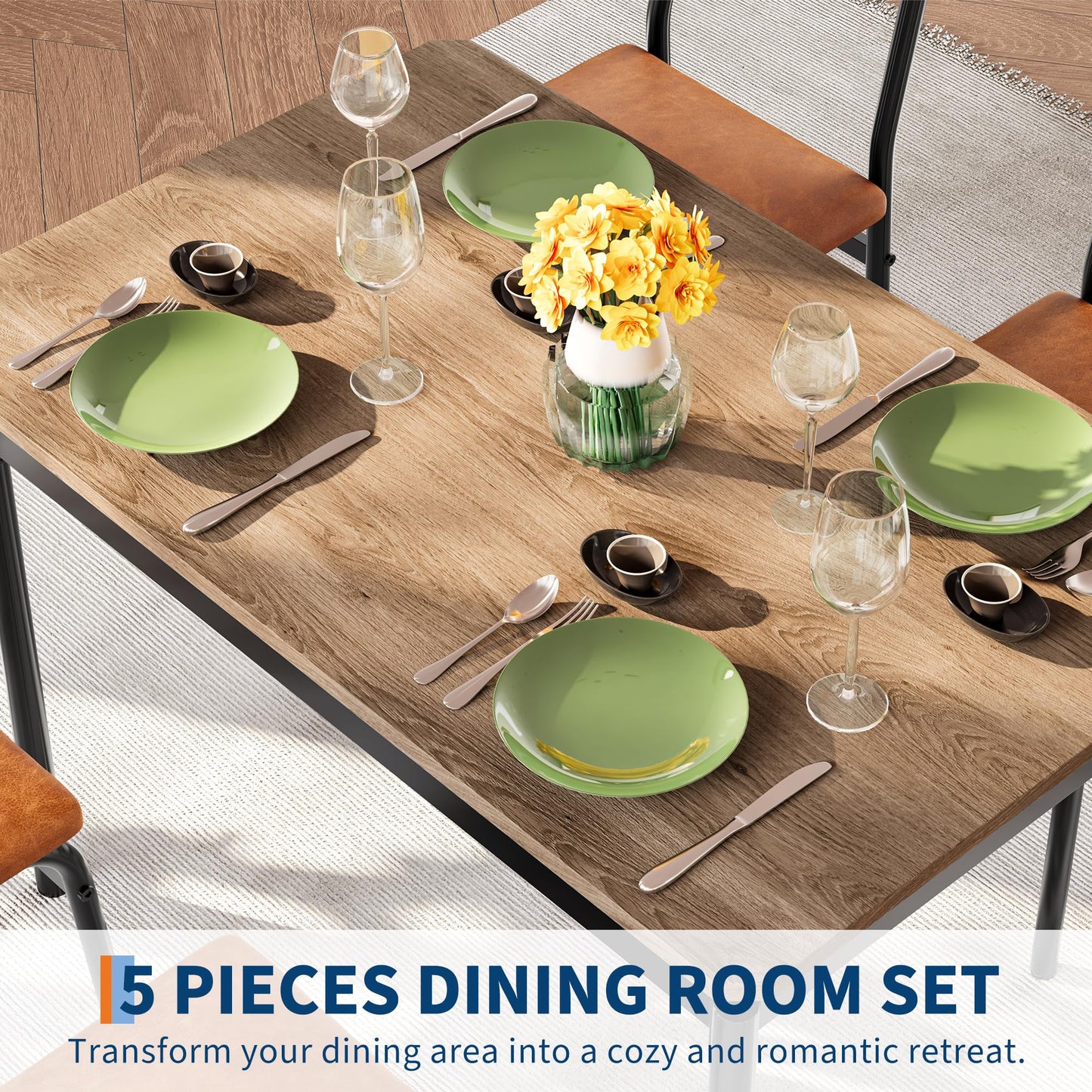 Garvee Dining Table Set for 4, 5 Piece Wooden Dining Room Table Set, 4 PU Upholstered Chair, Modern Metal Frame Dinette Set for Dining Room, Home Dinner, Party, Apartment, Brown
