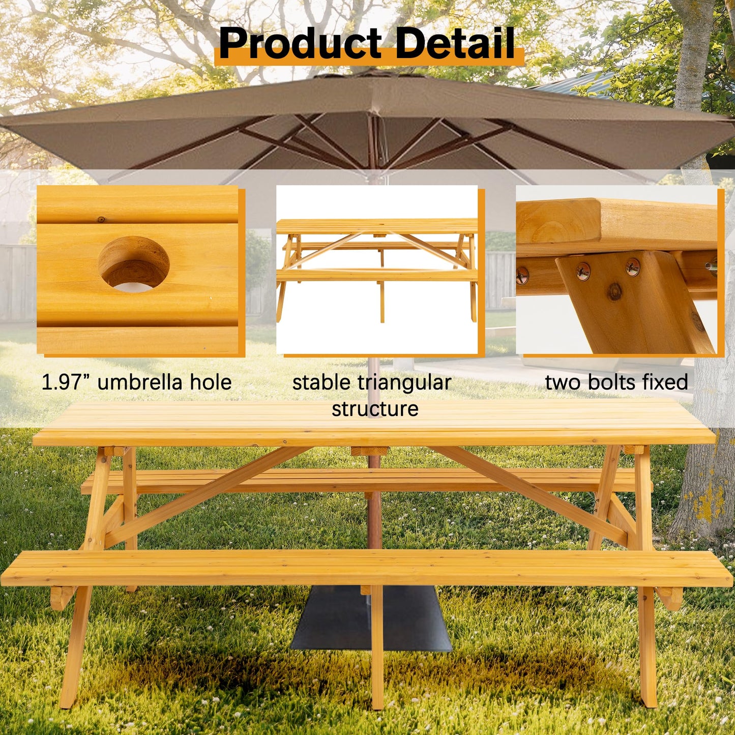 Jaxilyn Outdoor Wooden Picnic Table with Benches Camping Dining Table for Garden Patio Backyard,Natural Color (Natural, Rectangle)
