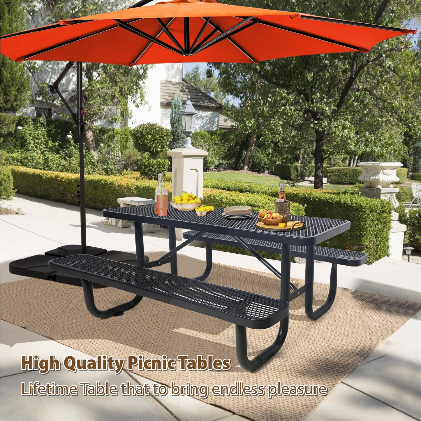 HIMcup 6 FT Metal Picnic Tables for Outside, Outdoor Coated Steel Heavy Duty Commercial Picnic Table with Benches, Patio Table Rectangular Furniture Set for Garden, Lawn, Shops, Parks