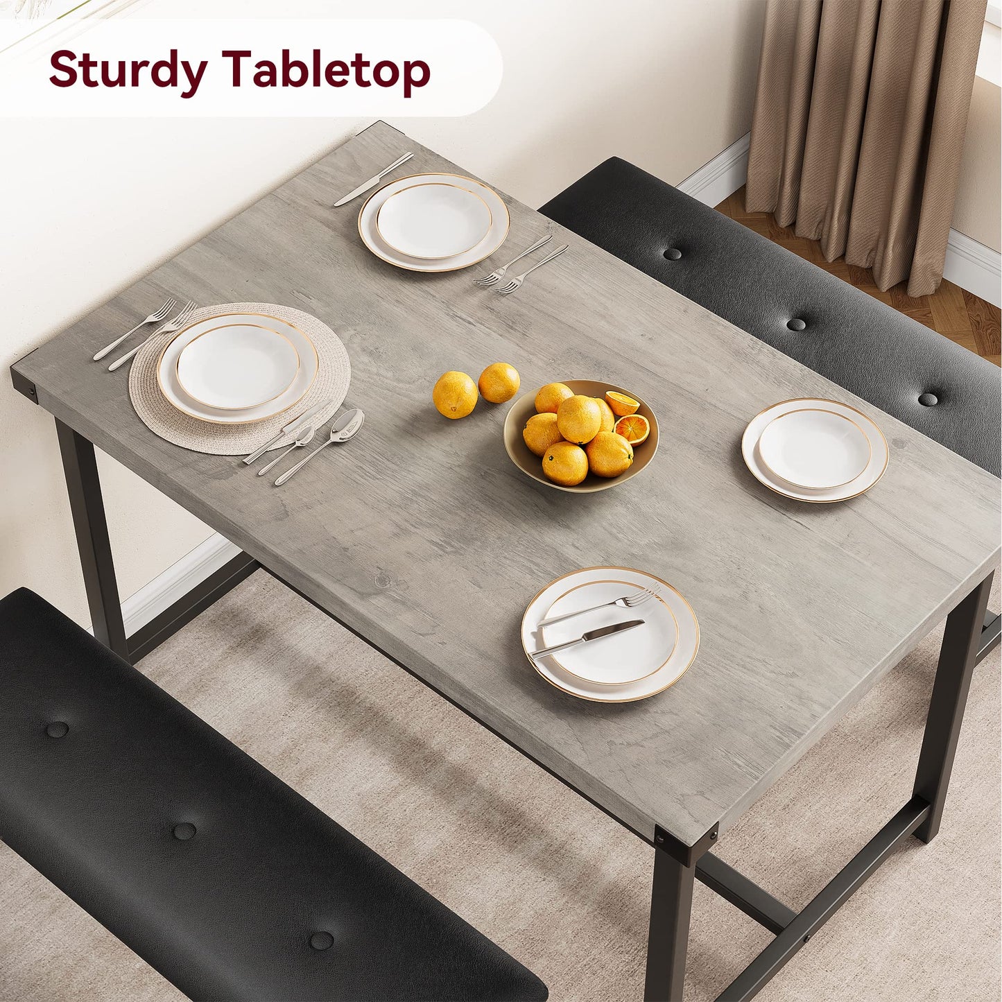 GAOMON Dining Table Set for 4, Kitchen Table with Benches, Rectangular Dining Room Table Set with 2 Upholstered Benches, 3 Piece Kitchen Table Set for Small Space, Apartment, Studio, Retro Grey