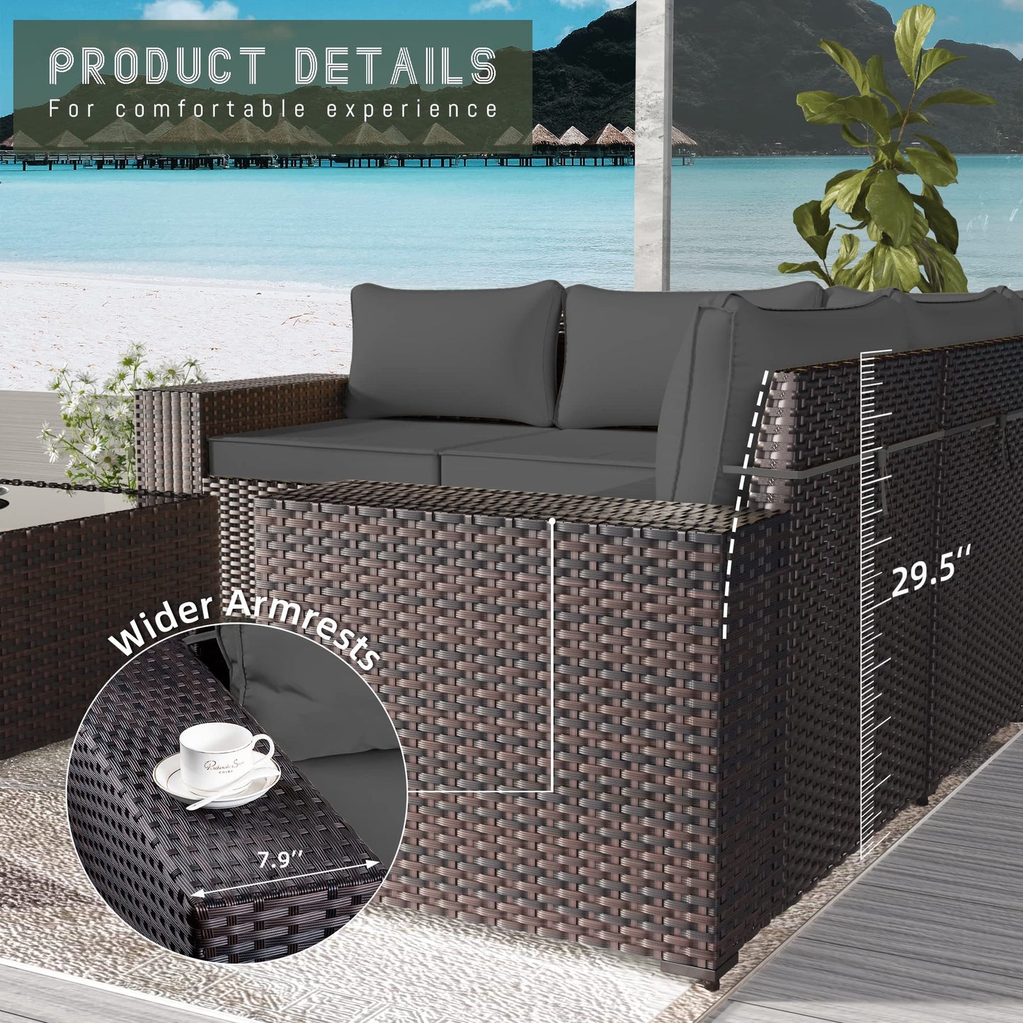 RTDTD Outdoor Patio Furniture Set, 6 Pieces Outdoor Furniture All Weather Patio Sectional Sofa PE Wicker Modular Conversation Sets with Coffee Table,5 Chairs & Seat Clips (Grey)
