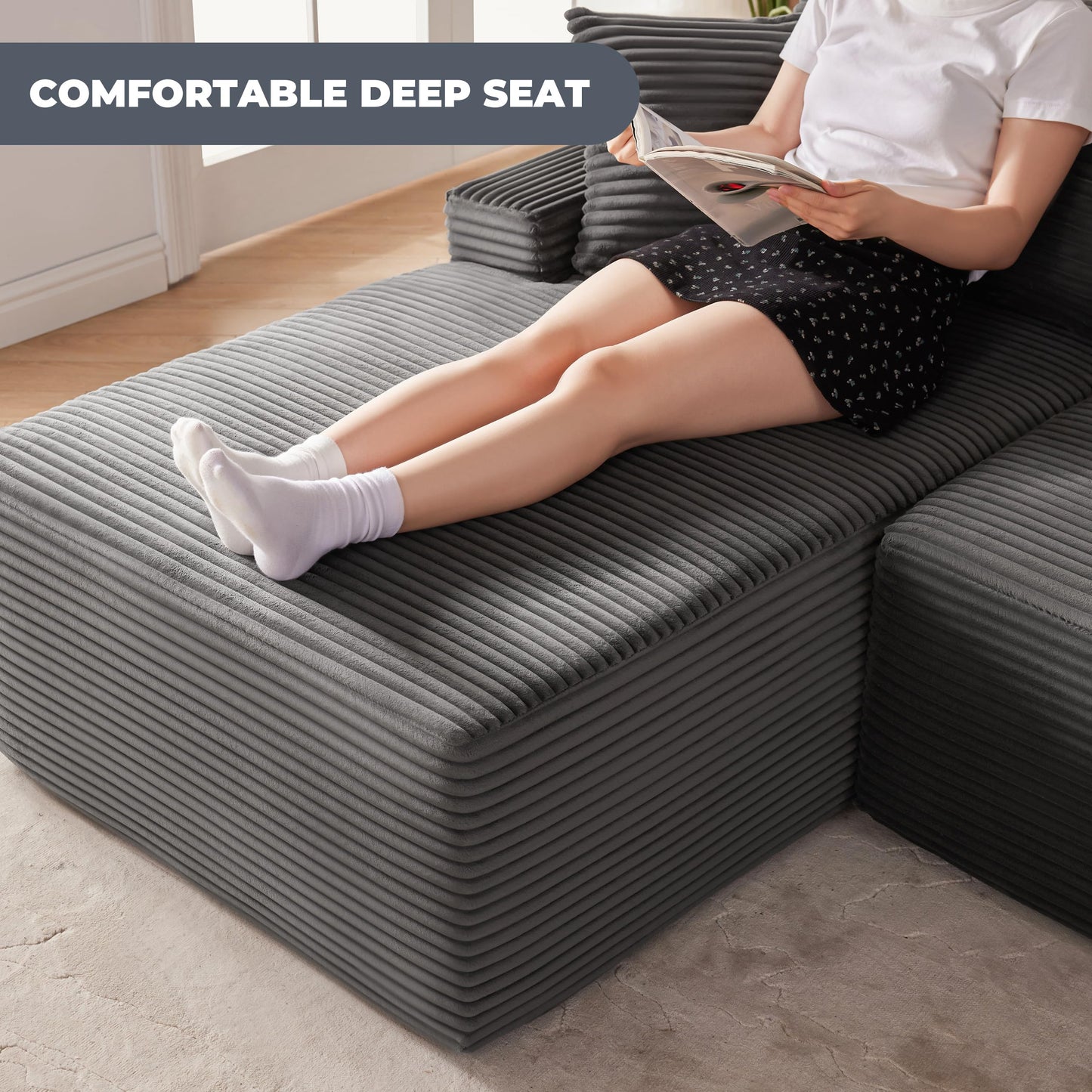 Mangodan Cloud Sectional Couch, Boneless Sofa for Living Room, Modular Sectional Sofa with Deep Seat, Fluffy Comfy Couch with L-Shaped Chaise, No Assembly Required, Dark Grey
