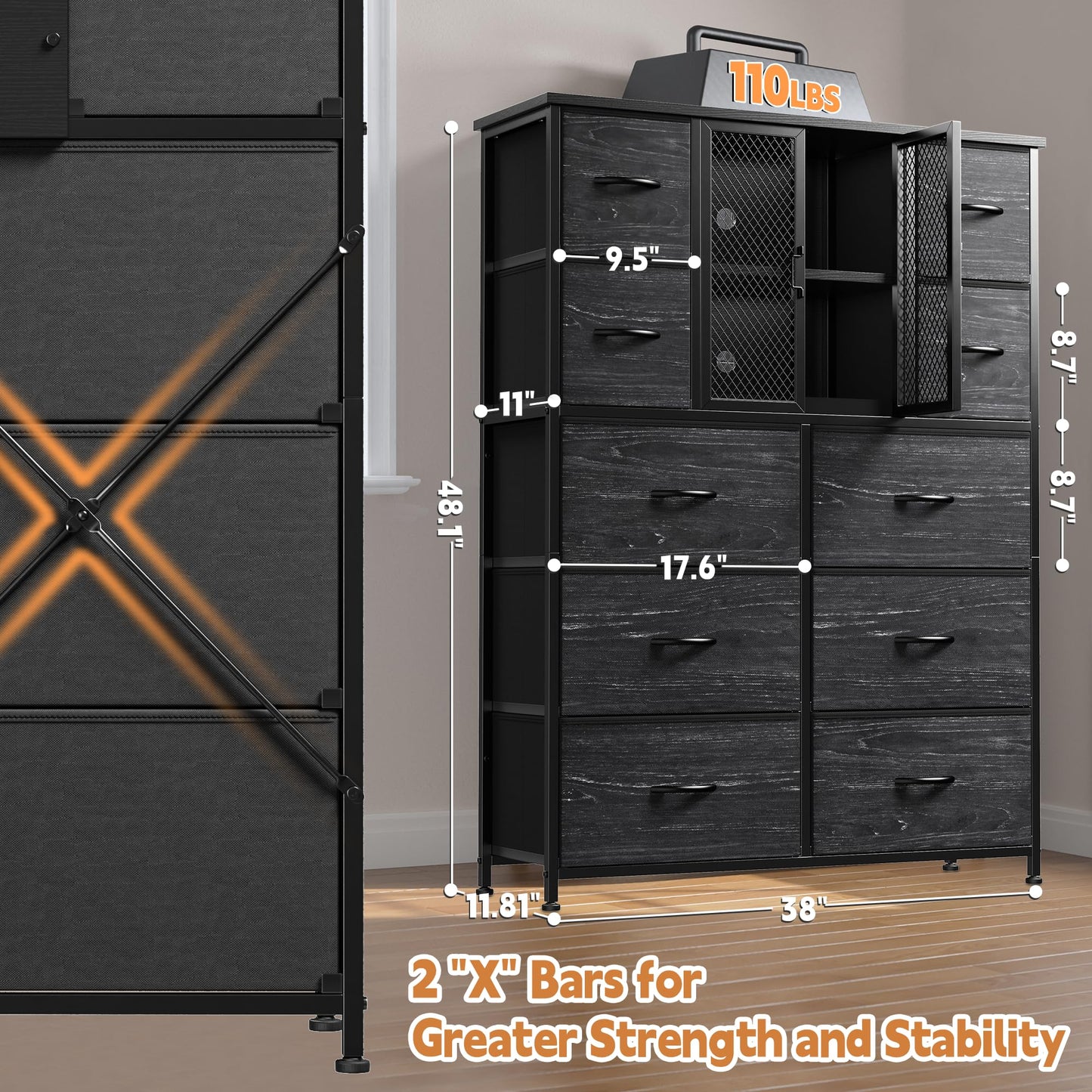 Dresser for Bedroom with Mesh Door Black Dressers & Chests of Drawers Tall Dresser with 10 Fabric Drawers, Metal Frame, Wood Top, for Closet, Entryway, 48.1" Hx38 Wx11.81 D